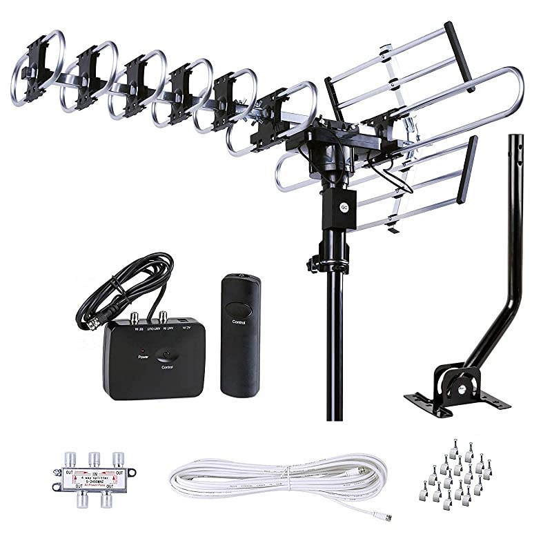Outdoor HD TV Antenna Strongest Up to 200 Miles Long Range with Motorized 360 Degree Rotation, UHF/VHF/FM Radio Infrared Remote Control with Installation Kit and Jpole