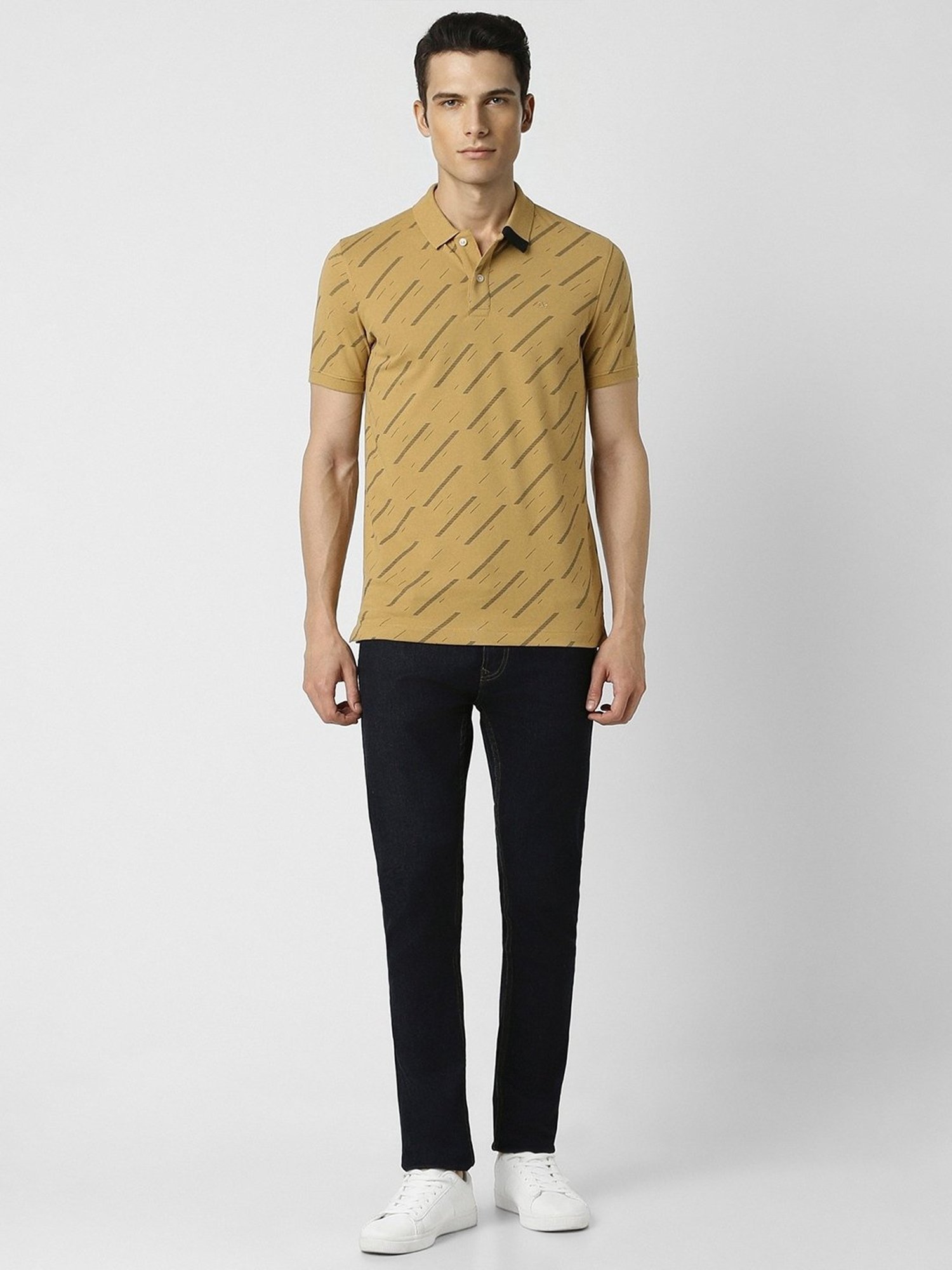 Peter England Yellow Cotton Slim Fit Printed Polo T-Shirt