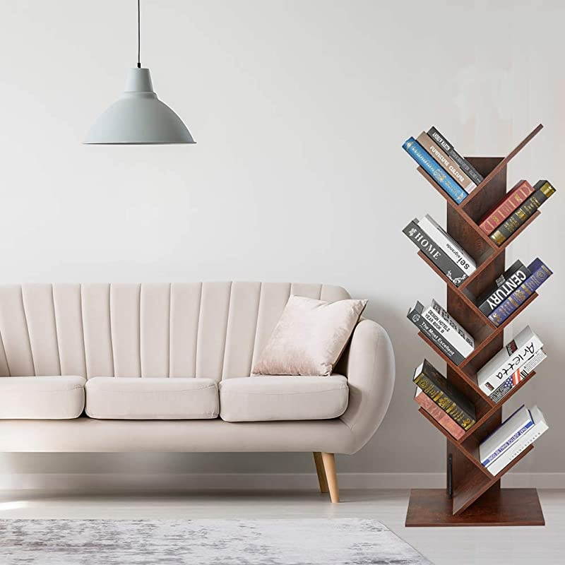 9Shelf Tree Bookshelf Floor Standing Tree Bookcase in Living RoomHomeOffice Bookshelves Storage Rack for CDsMoviesBooks Walnut Brown