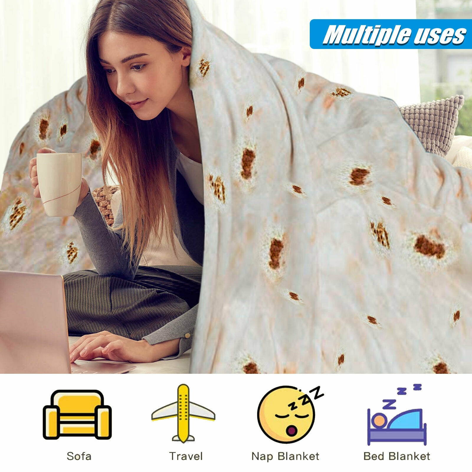 Round Taco Burrito Tortilla Shaped Blanket Soft Flannel Wrap Throw Blanket New