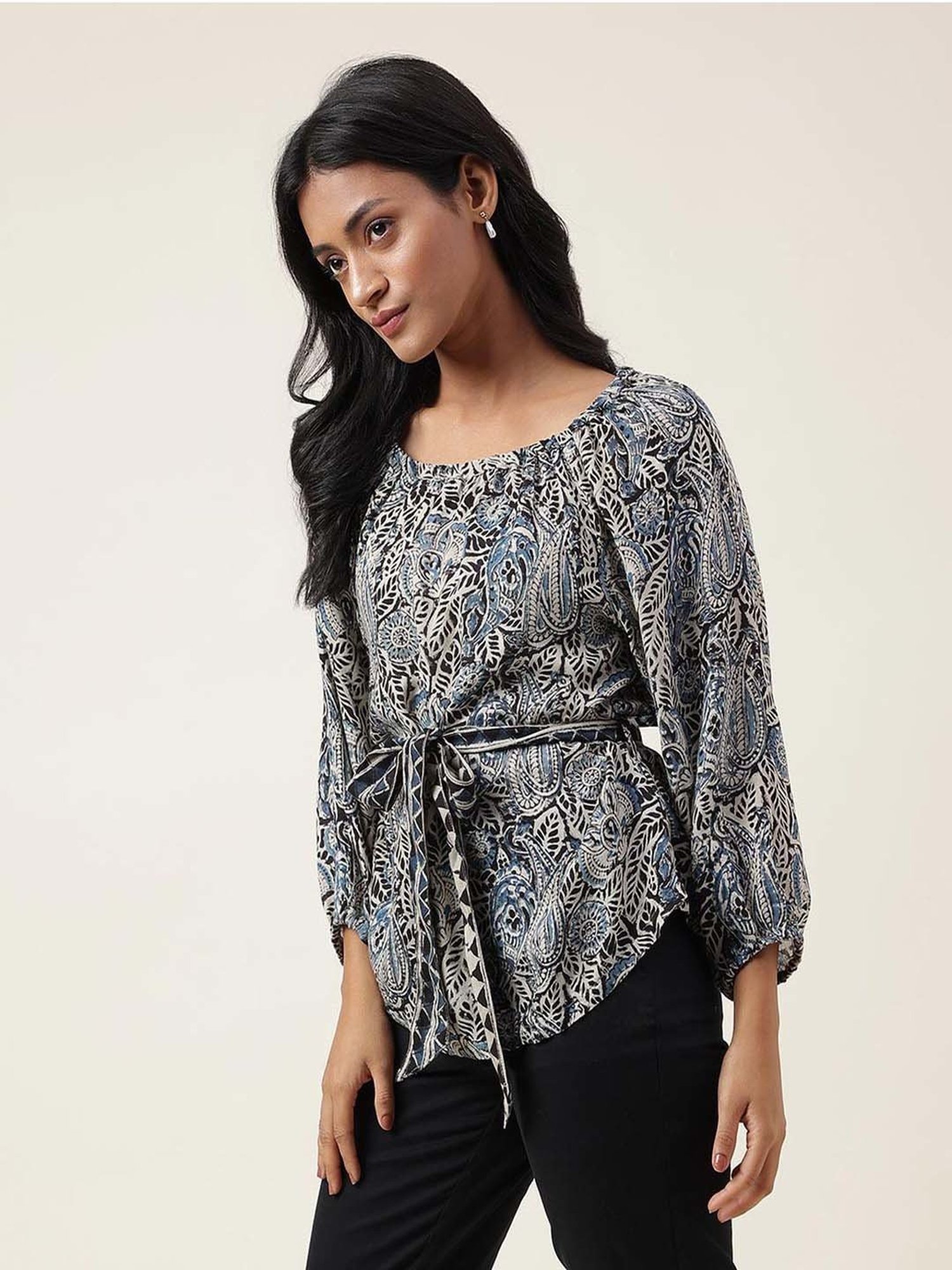 Fabindia Blue & Black Printed Top