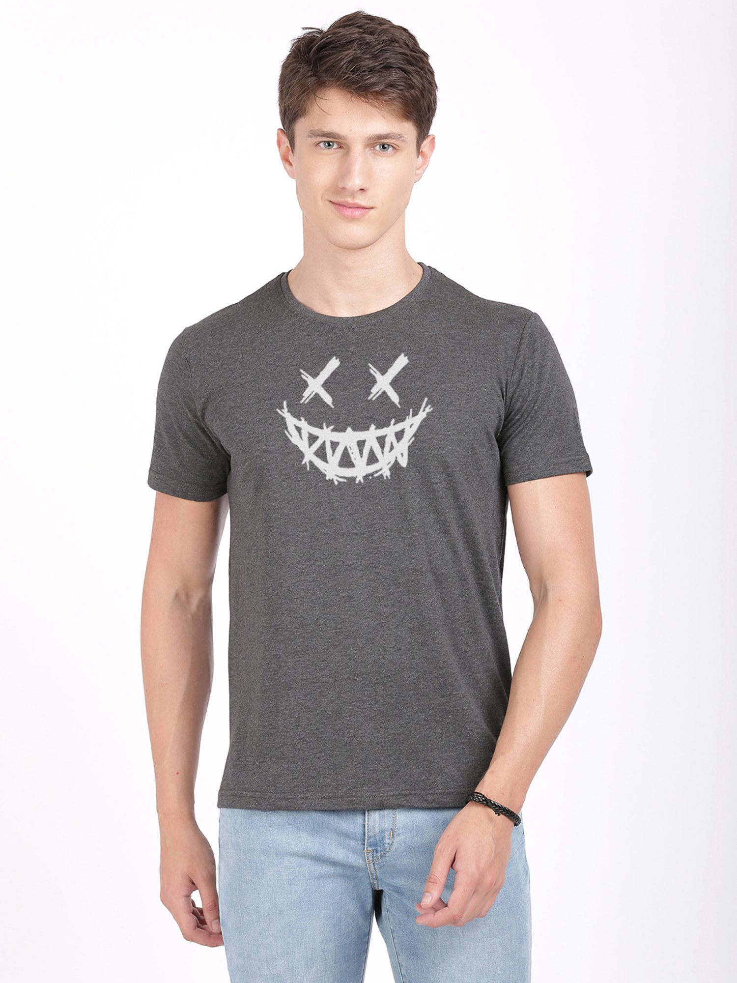 BLACK RADIO Charcoal Slim Fit Printed Crew T-Shirt