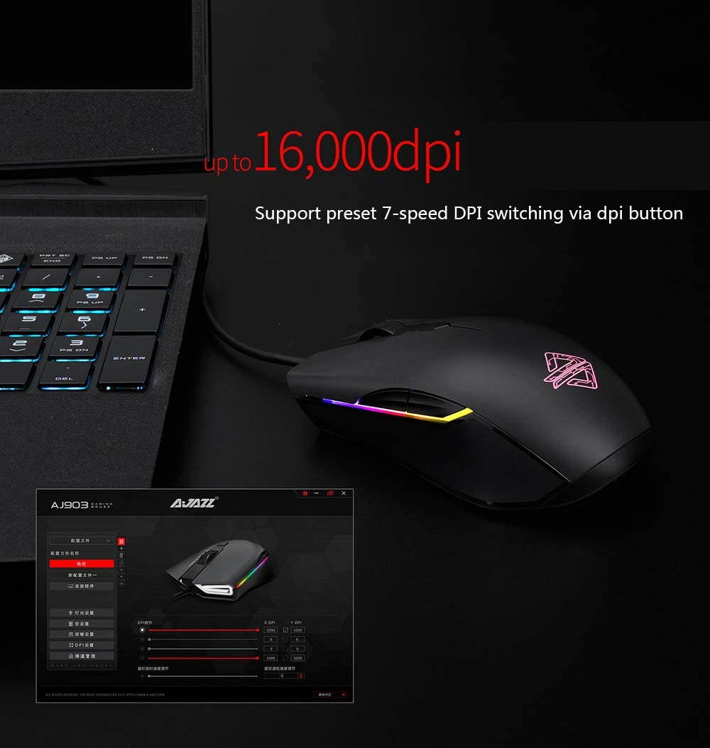 Docooler USB Wired Gaming Mouse RGB Mouse High Performance 32bit IC 50G Acceleration Customized Macro Programming 16000DPI Mouse for Home Office Ajazz