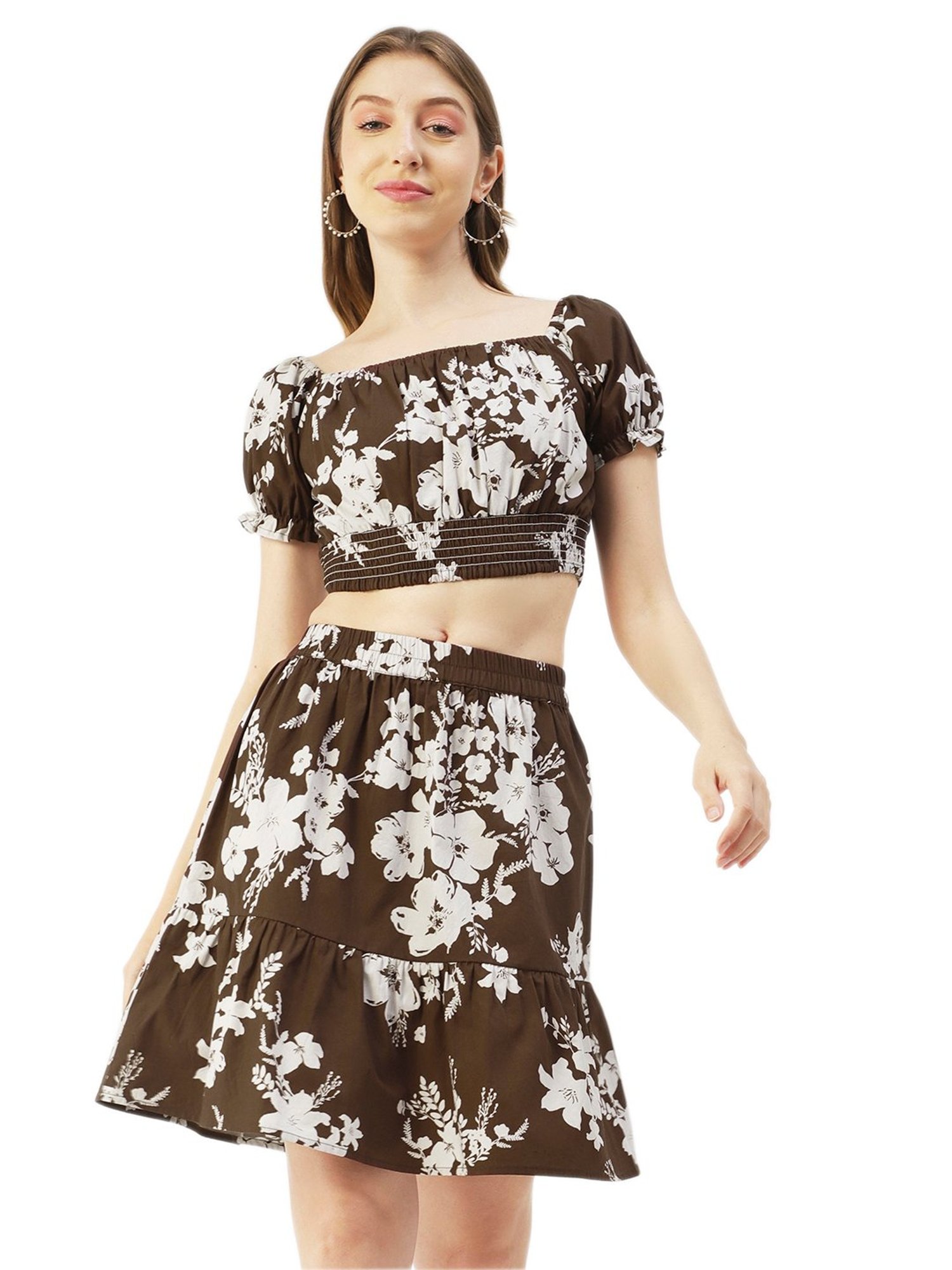 Moomaya Brown & White Floral Print Crop Top With Skirt