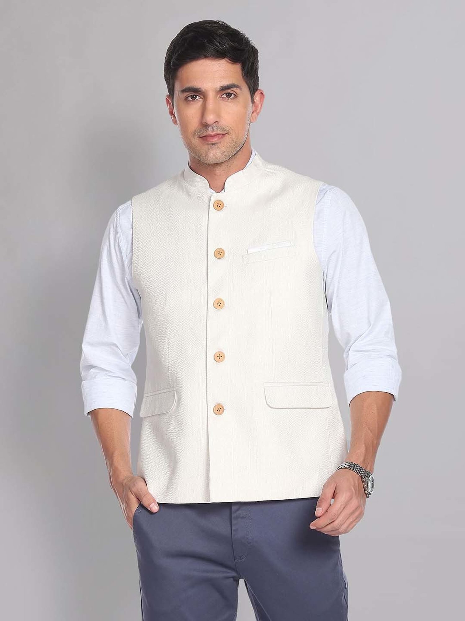AD by Arvind White Mandarin Collar Self Design Nehru Jacket
