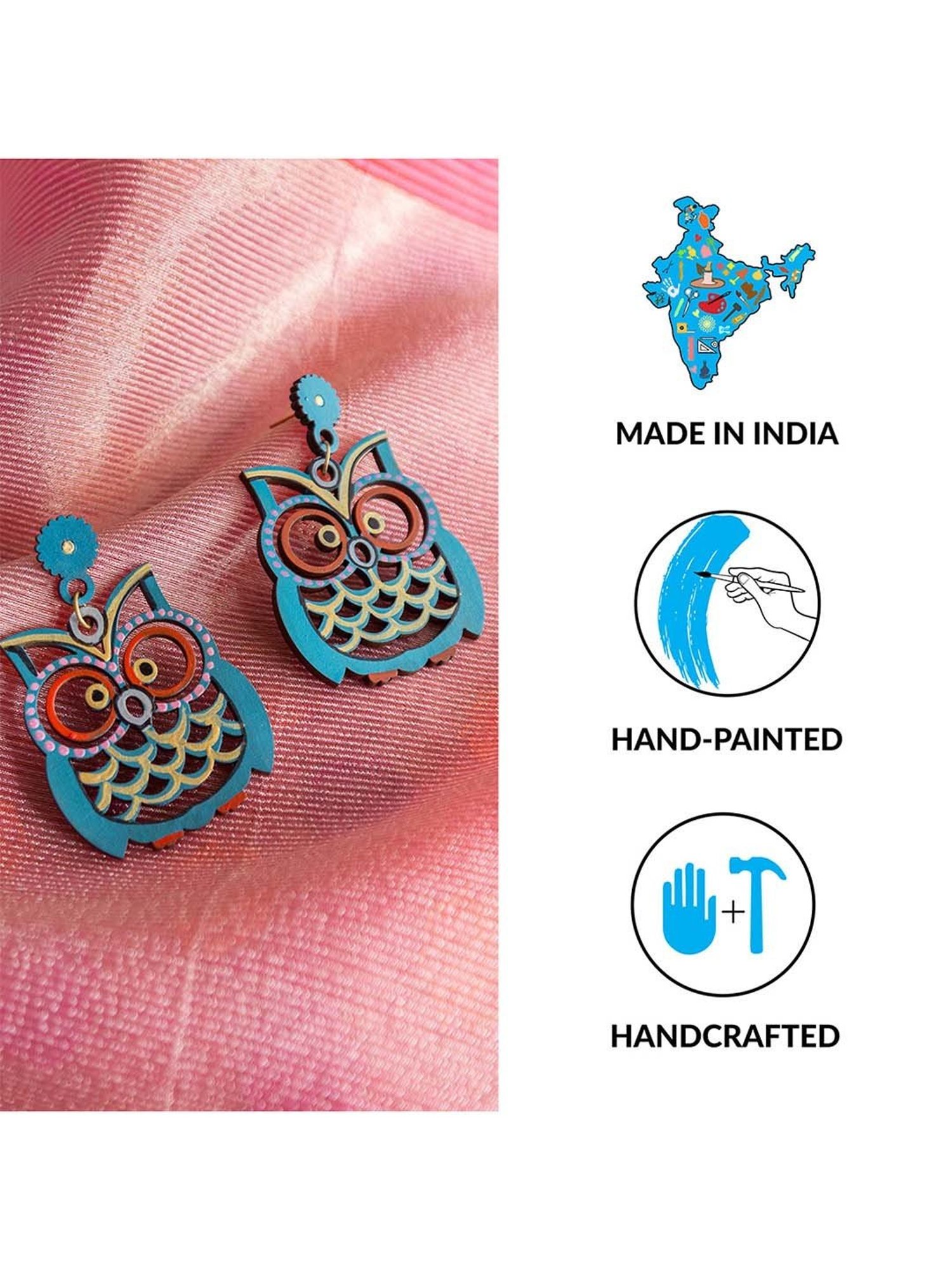 ExclusiveLane 'Symphony of Owls' Teal Blue Handpainted Earrings in Recycled Wood