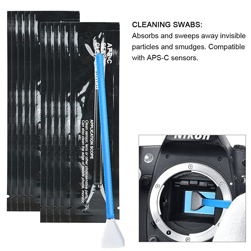 Professional Deluxe DSLR Camera Cleaning Kit with10 APS-C Cleaning Swabs, Sensor Cleaning Fluid, Rocket Air Blower, Lens Cleaning Pen, Soft Brush, 2X Small & 2X Large Microfiber Cloths