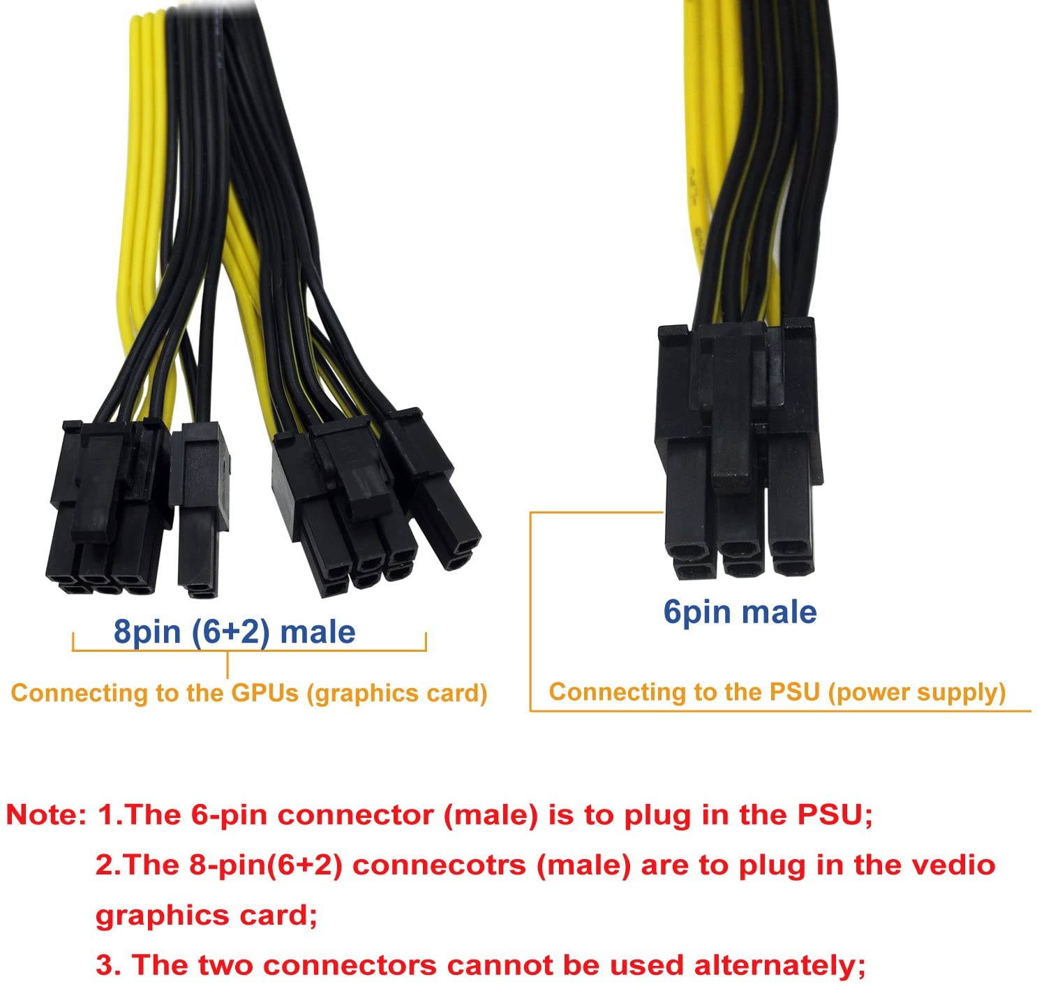 (2-Pack) 6 Pin Male to 8 Pin (6+2) PCI Express Power Adapter Cable for CoolerMaster and Thermaltake Power Supply with 6 Pin Port 20-inch (51cm)