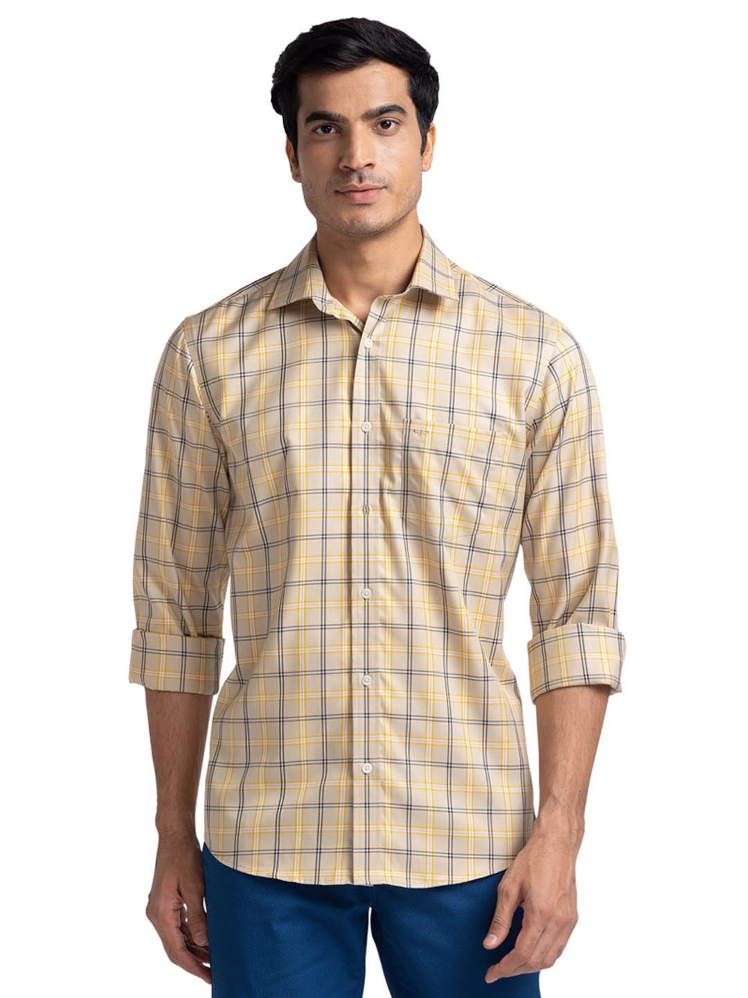 ColorPlus Beige Cotton Tailored Fit Checks Shirt