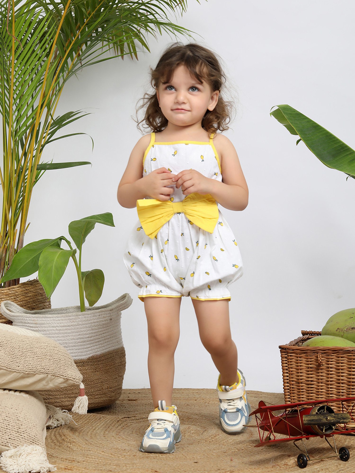 Budding Bees Kids White & Yellow Printed Romper
