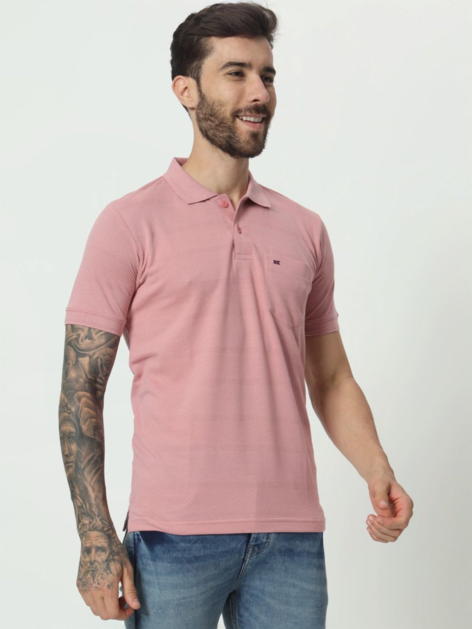 Tab91 Pink Regular Fit Self Pattern Polo T-Shirts