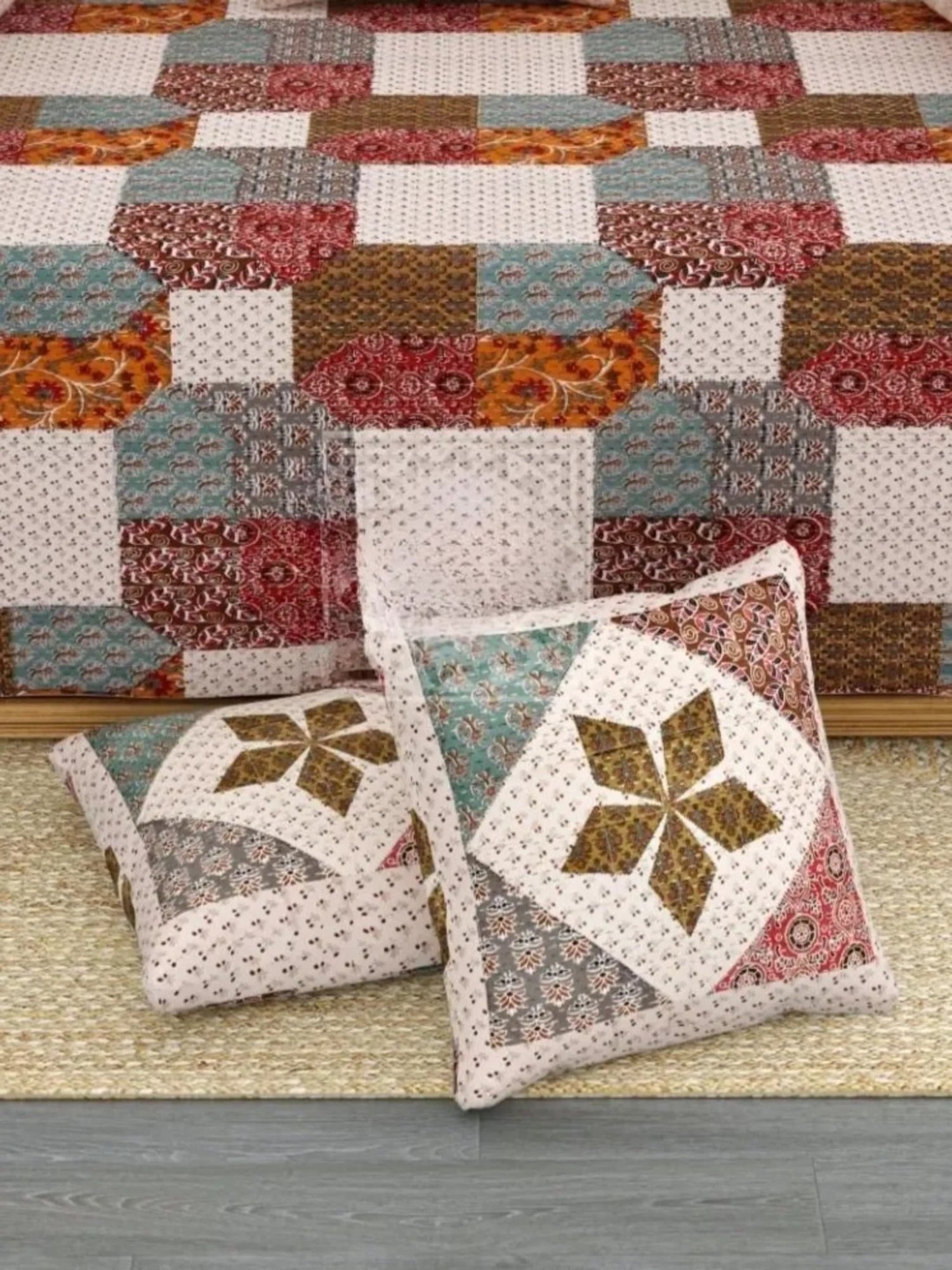 Living Roots Printed Green 300 TC Cotton Single Diwan - Set of 8