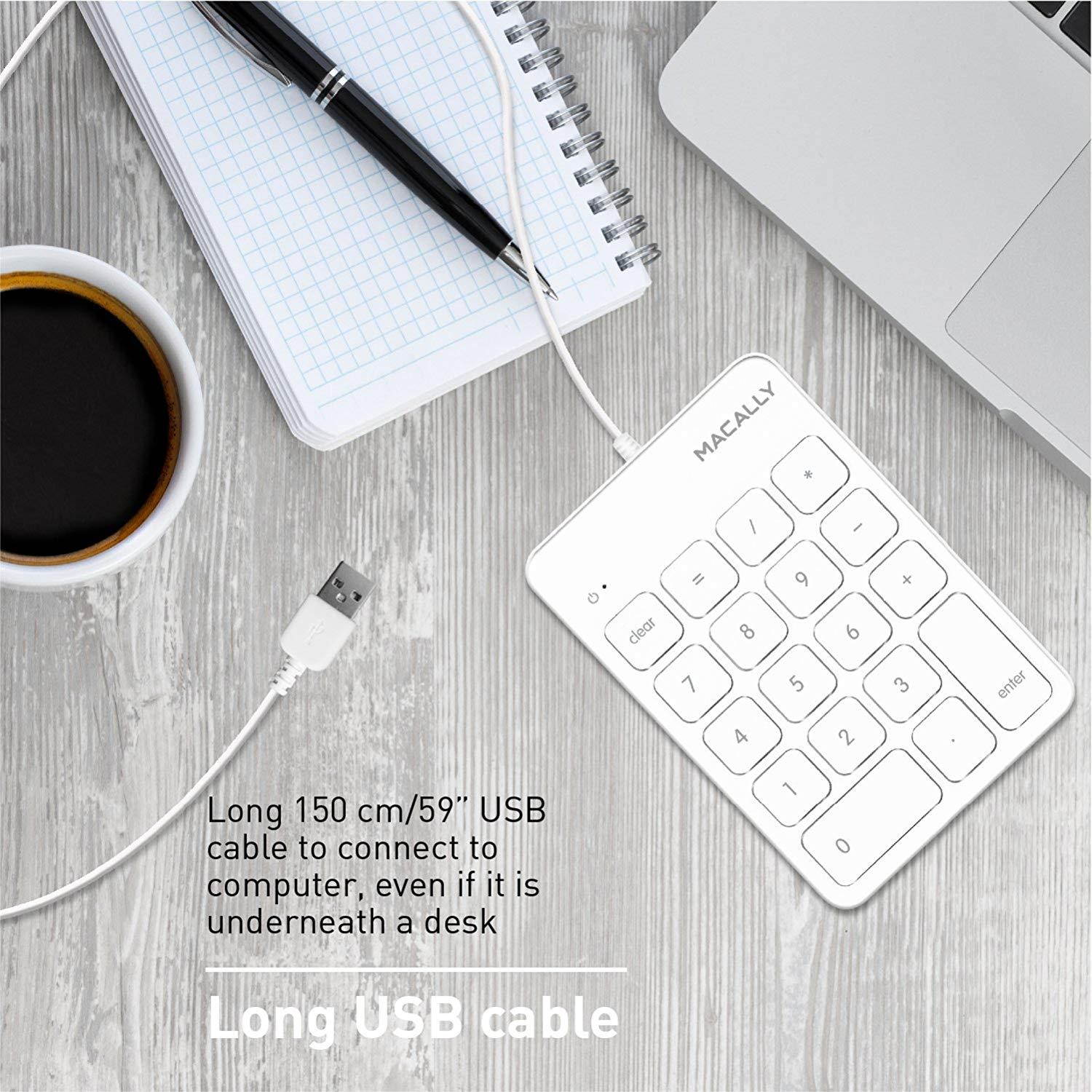 Macally Wired USB Numeric Keypad Keyboard for Laptop, Apple Mac iMac MacBook Pro/Air, Windows PC, or Desktop Computer with 5 Foot Cable & 18 Key Slim Number Pad Numerical Numpad - White (NUMKEY)