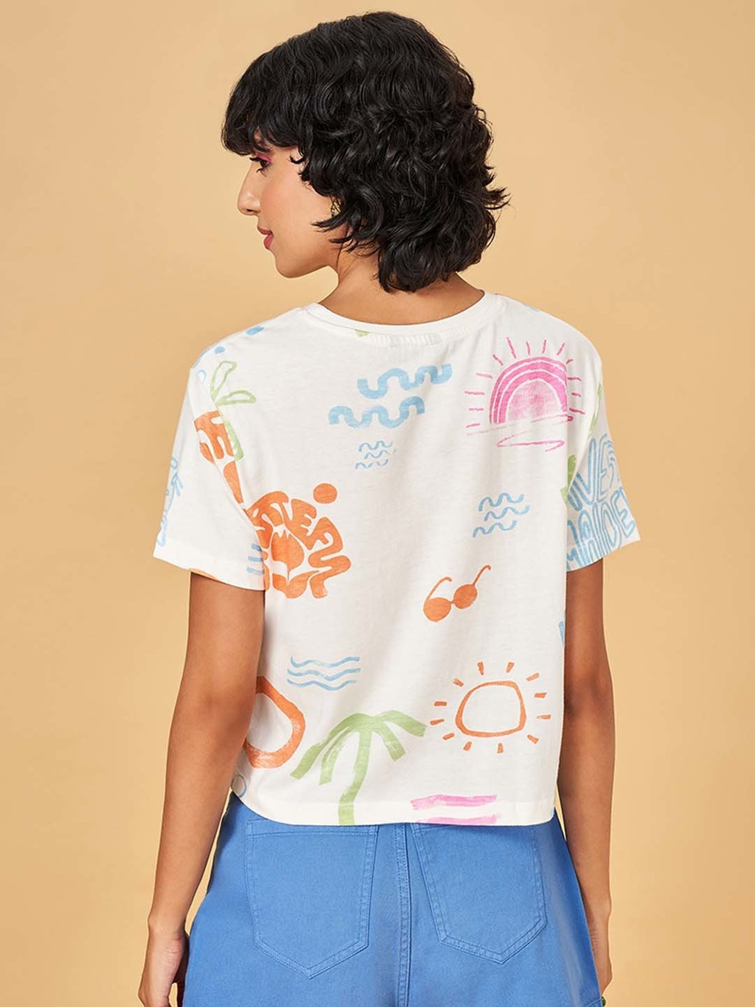 People by Pantaloons White Cotton Printed T-Shirt