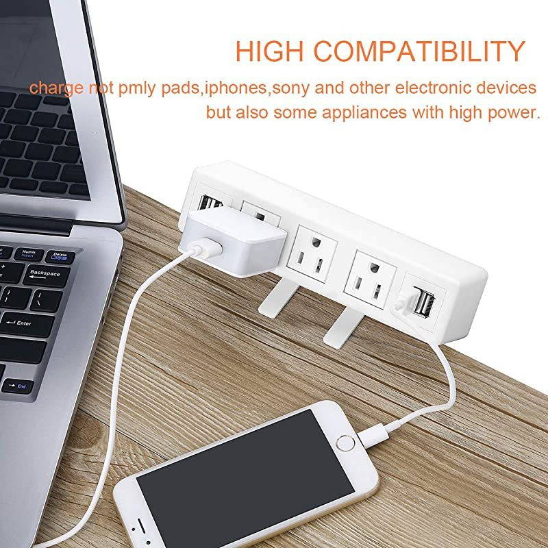 AC Outlet Desk Clamp Power Strip White Desk Mount USB Charging Power Station Removable Desktop Edge Power Center Plugs Output 125V60HZ12A1500W USB 5V4A 656FT Cable