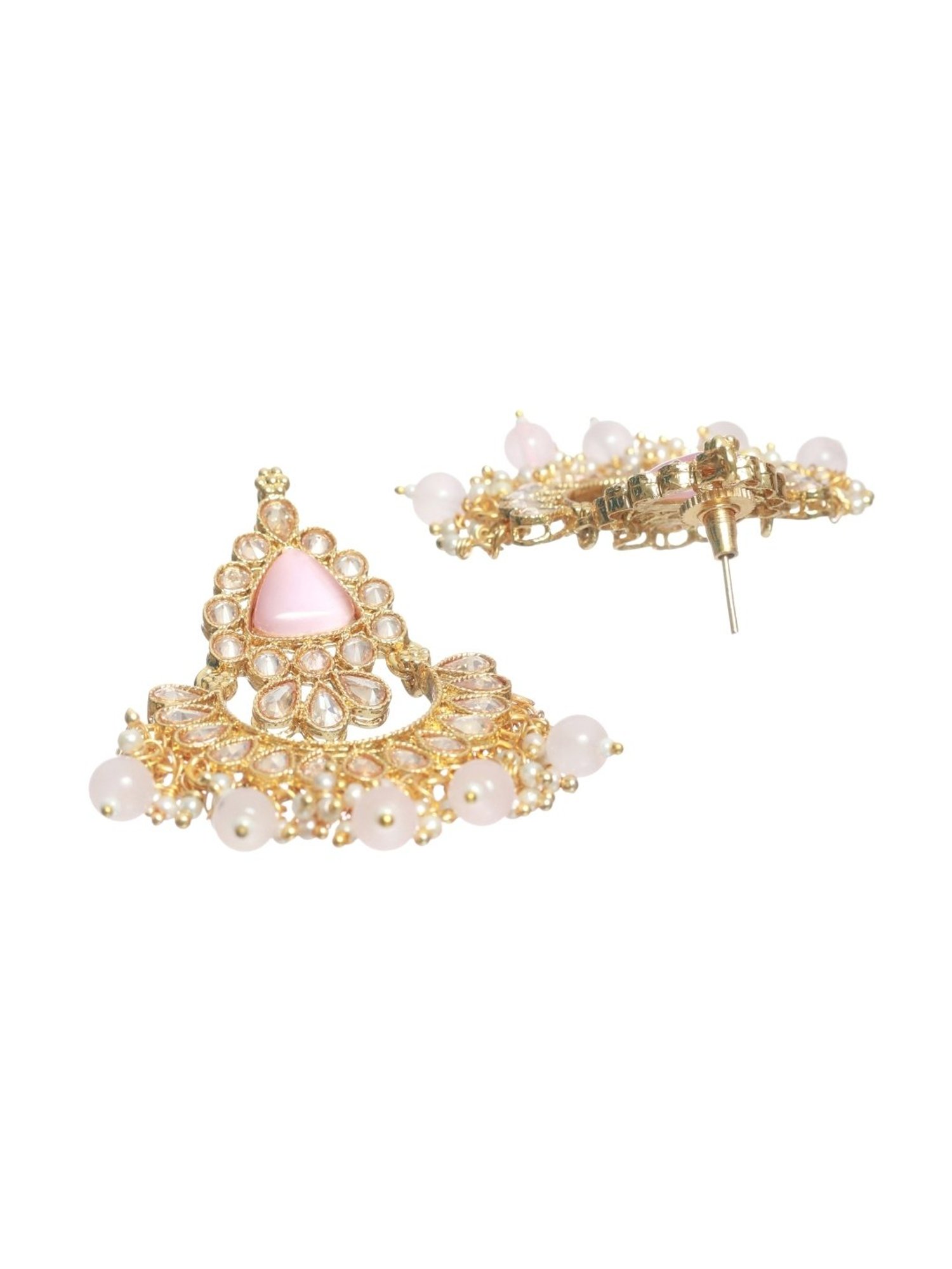 Aatmana White Kundan Studded & Pink Stone, Gold-Plated Chand Bali Earrings for Women