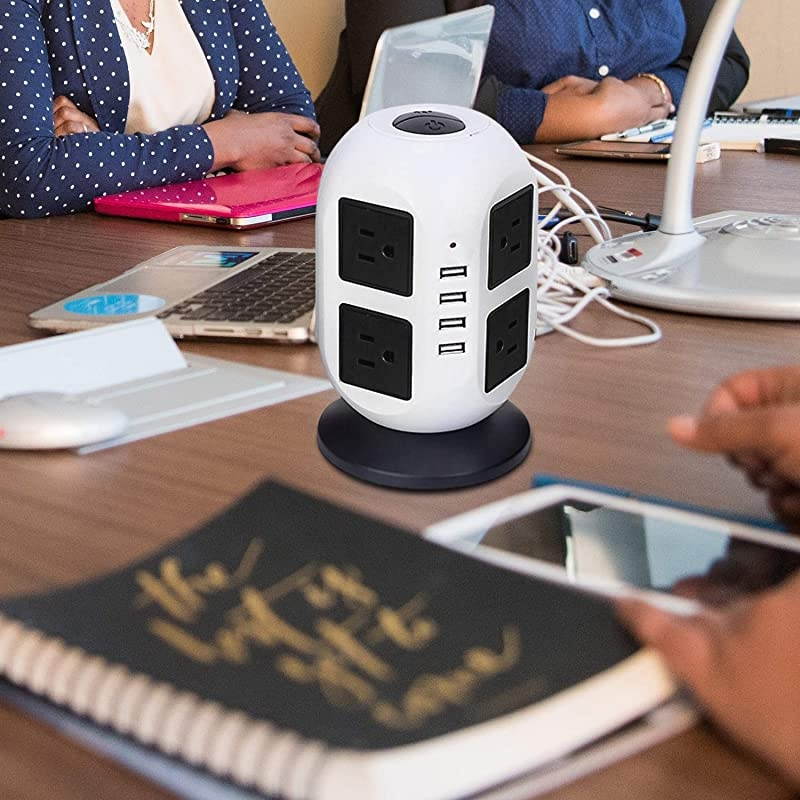 Power Strip Tower Surge Protector Electric Charging Station 2500W 10ASmart Extension Lead Socket 2M556ft Overload Protection 8 outlets and 4 USB Ports Universal SocketWhite