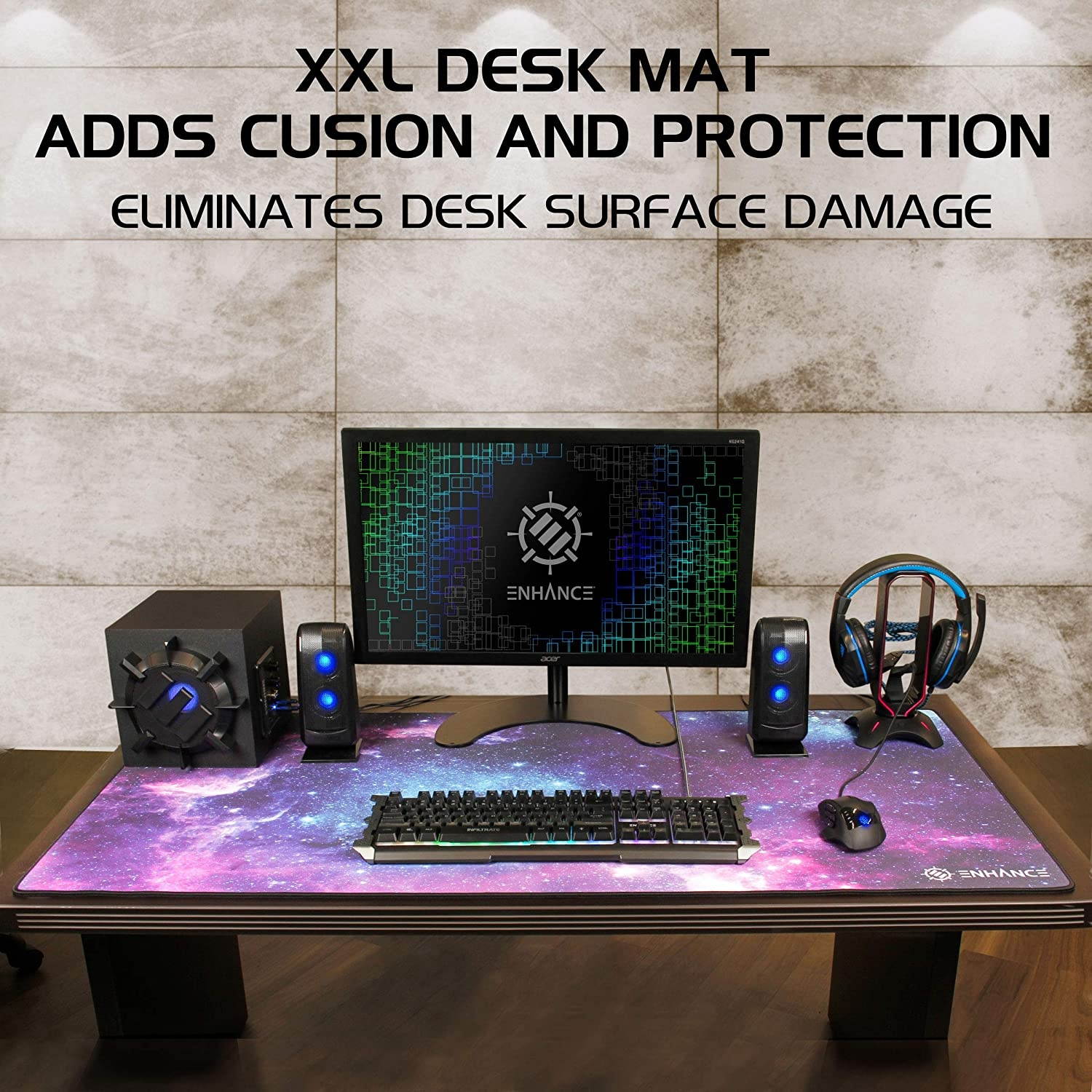 ENHANCE XXXL Gaming Computer Desk Mat - Large Mouse Mat (48x24 Mouse Pad) Cushion Padding for Home Office Desk, Extended Table Mousepad with Smooth Tracking Surface and Non-Slip Rubber Grip - Galaxy