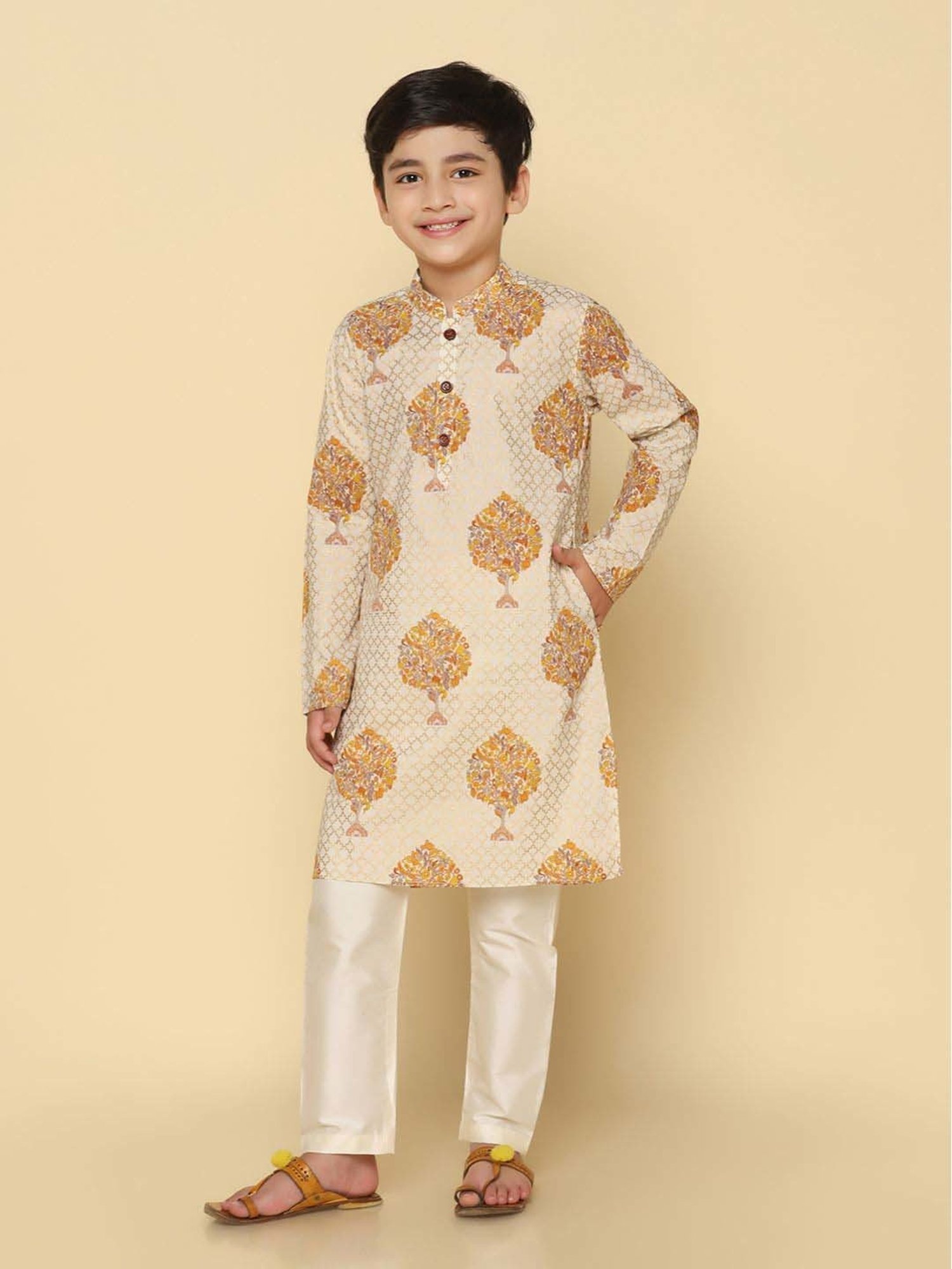 KISAH Kids White & Golden Printed Full Sleeves Kurta Set