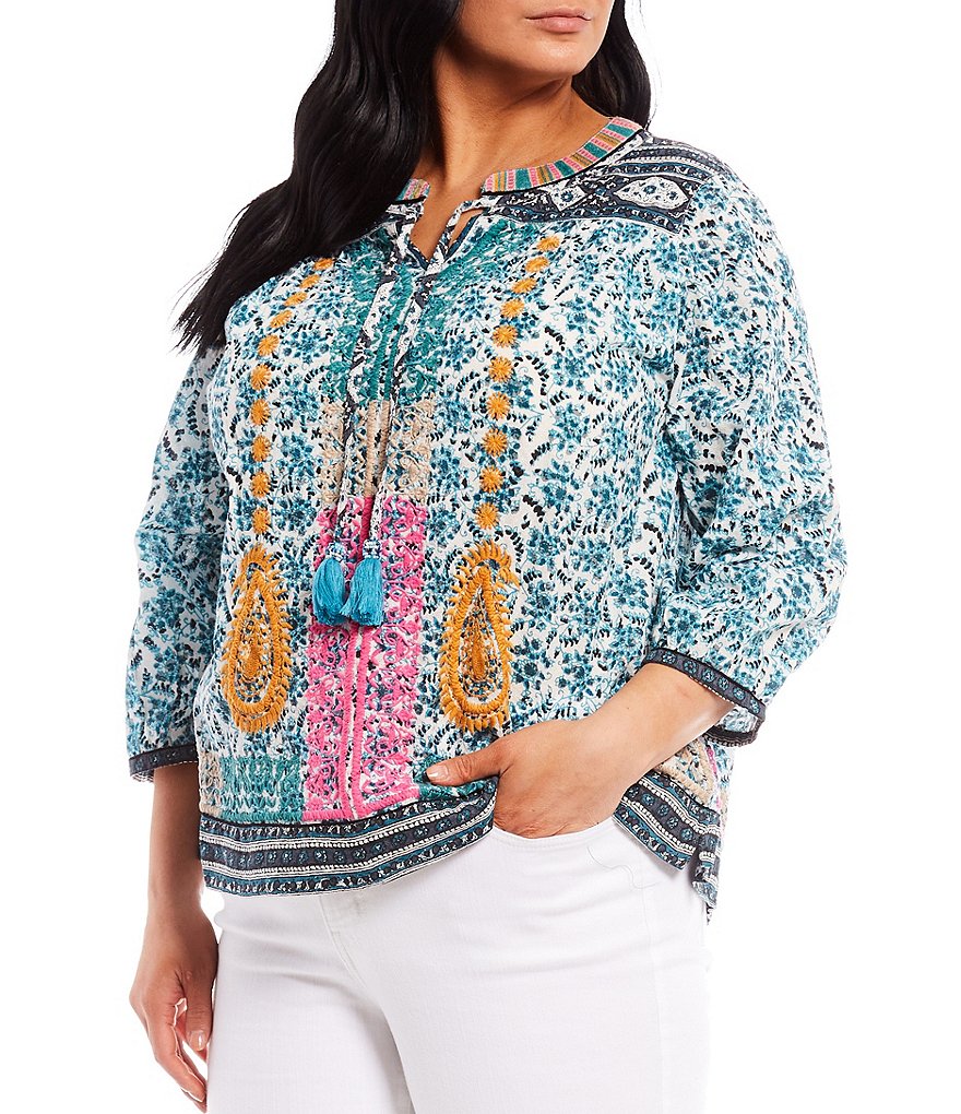 John Mark Plus Size Yoked Tie Split Round Neck Embroidered 3/4 Cuff Sleeve Blouse