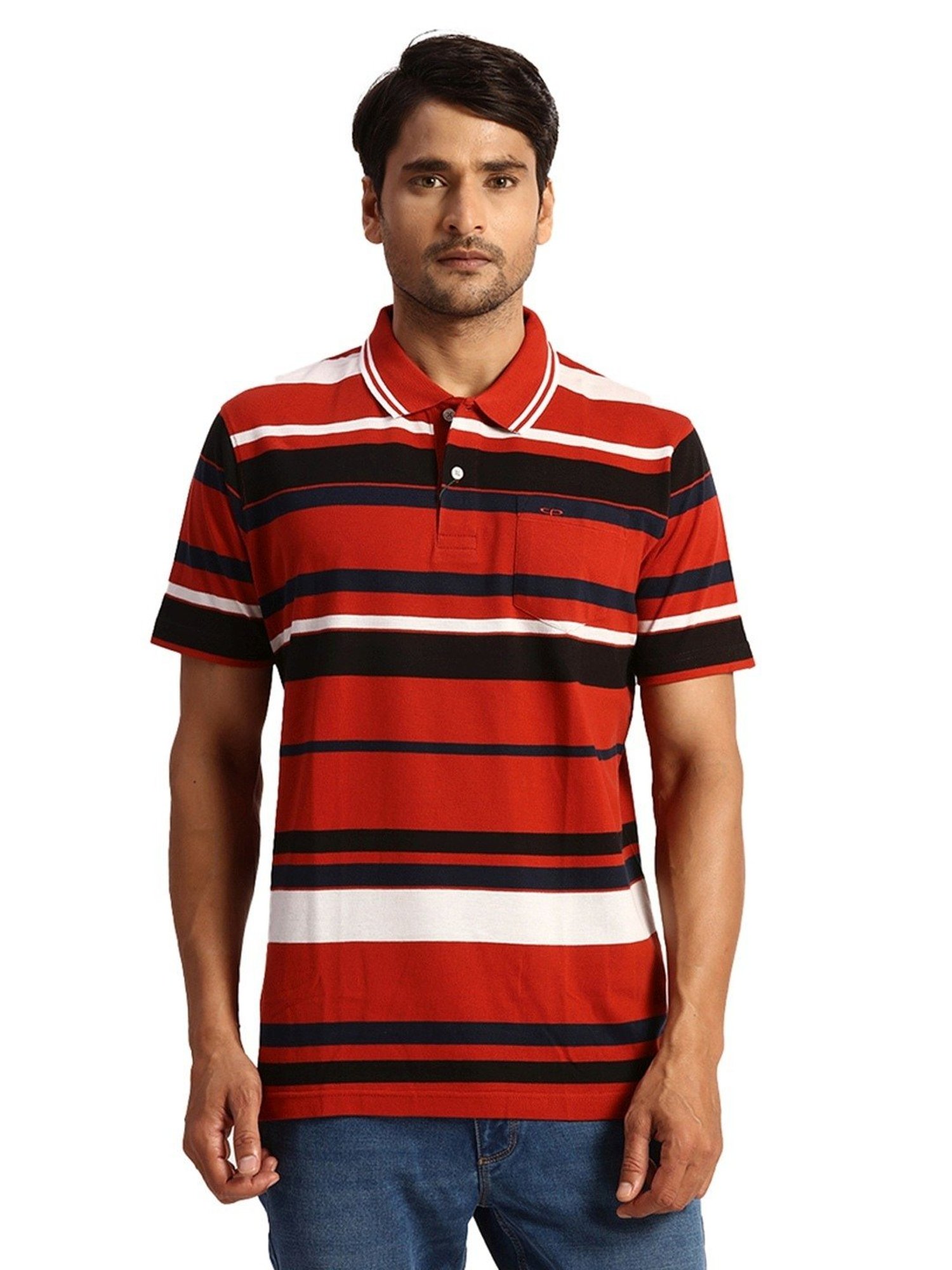 ColorPlus Orange Cotton Classic Fit Striped Polo T-Shirt