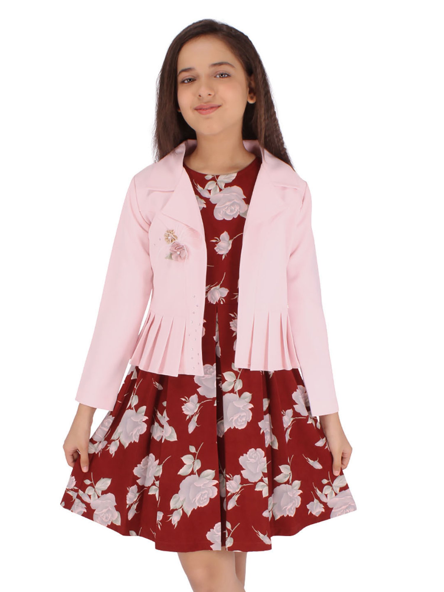 Cutecumber Kids Maroon & Pink Floral Print Full Sleeves Dress with Shrug