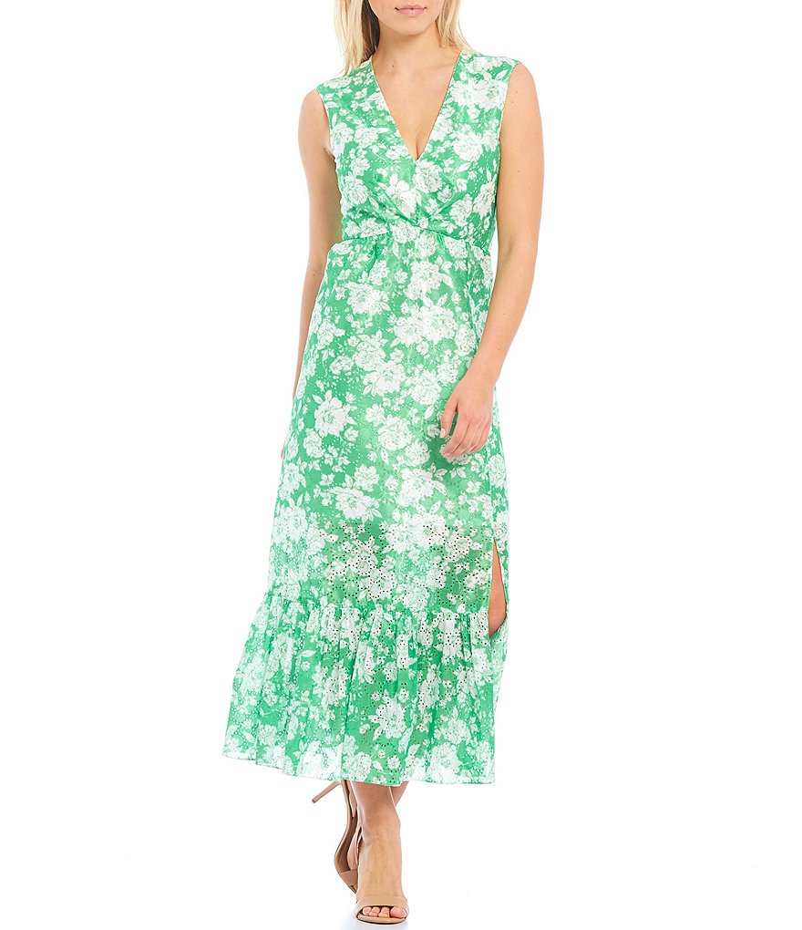 Sachin & Babi Blair Sleeveless V-Neck Floral Print Flounce Hem Midi Dress