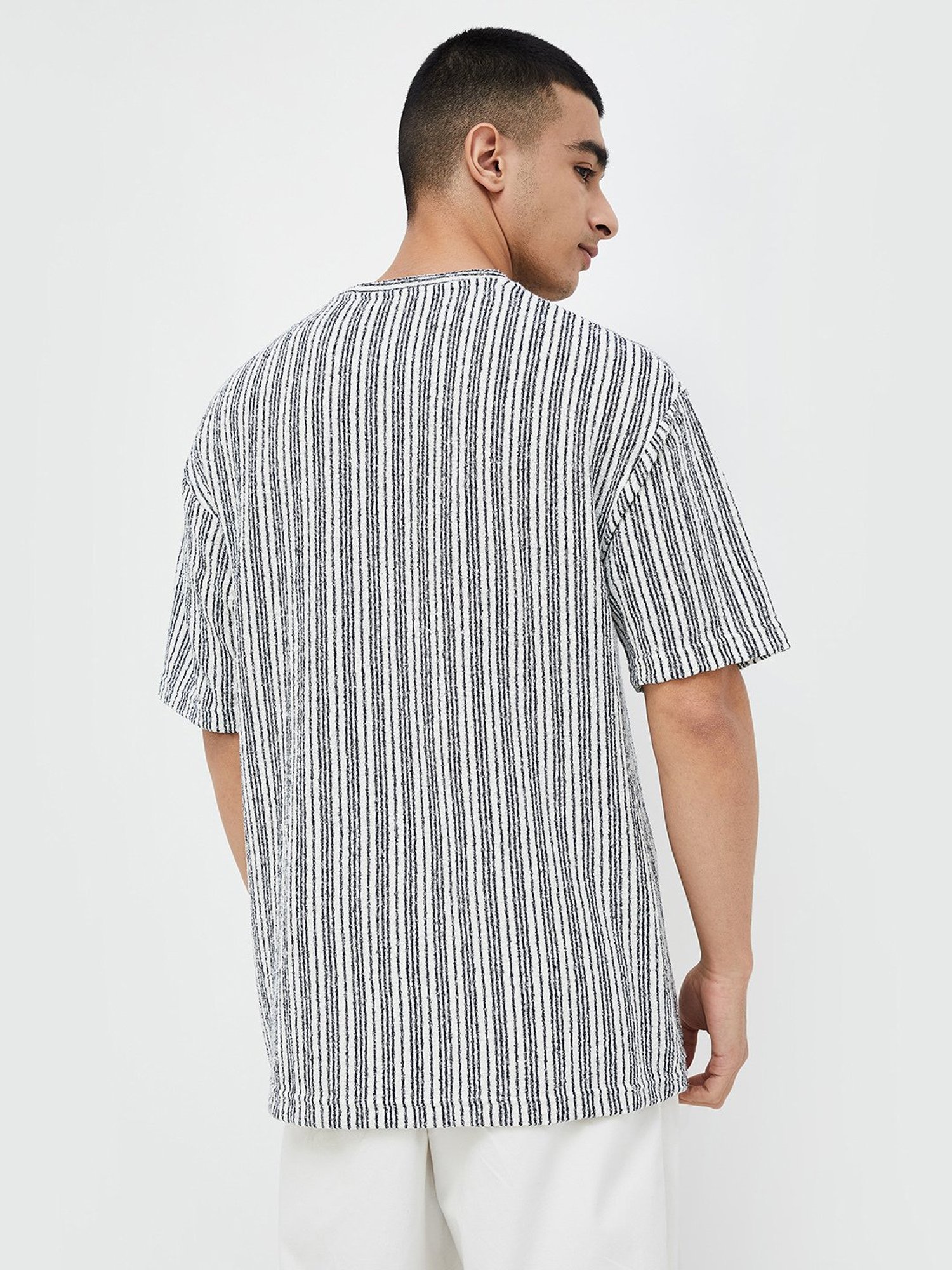 Forca by Lifestyle White Regular Fit Striped Crew T-Shirt