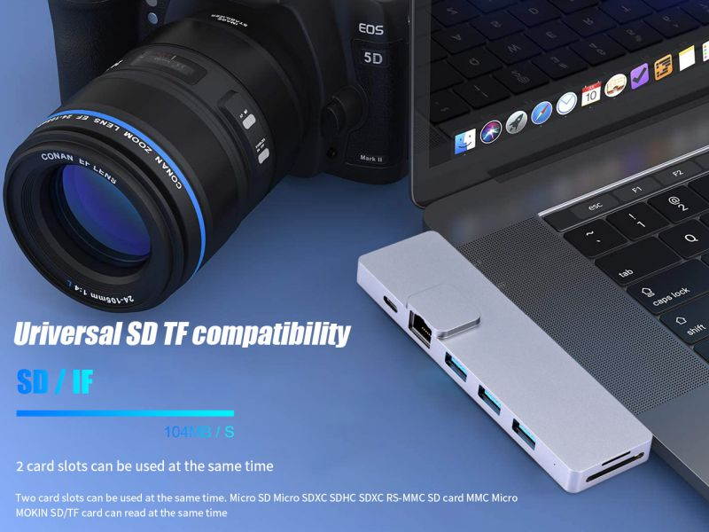 USB C HUB  Docking Station 8 in 1 Expand Your MacBook Pro Ports Into 1USB3.0+2USB2.0+HDMI+2xThunderbolt 3 +Gigabit Ethernet And SD/TF Card Reader. Meet all Your Needs With One Hub.