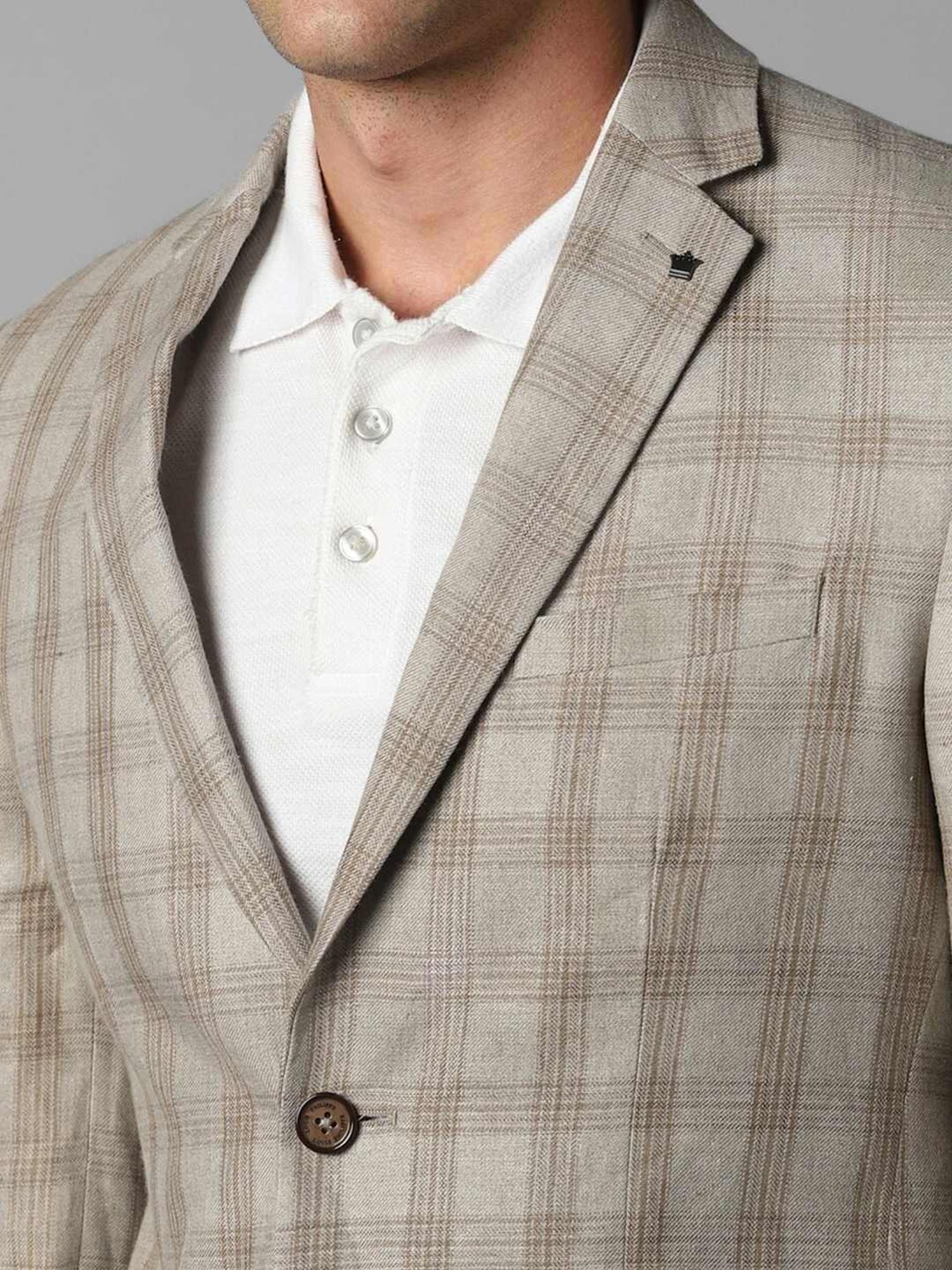 Louis Philippe Beige Linen Slim Fit Checks Blazer