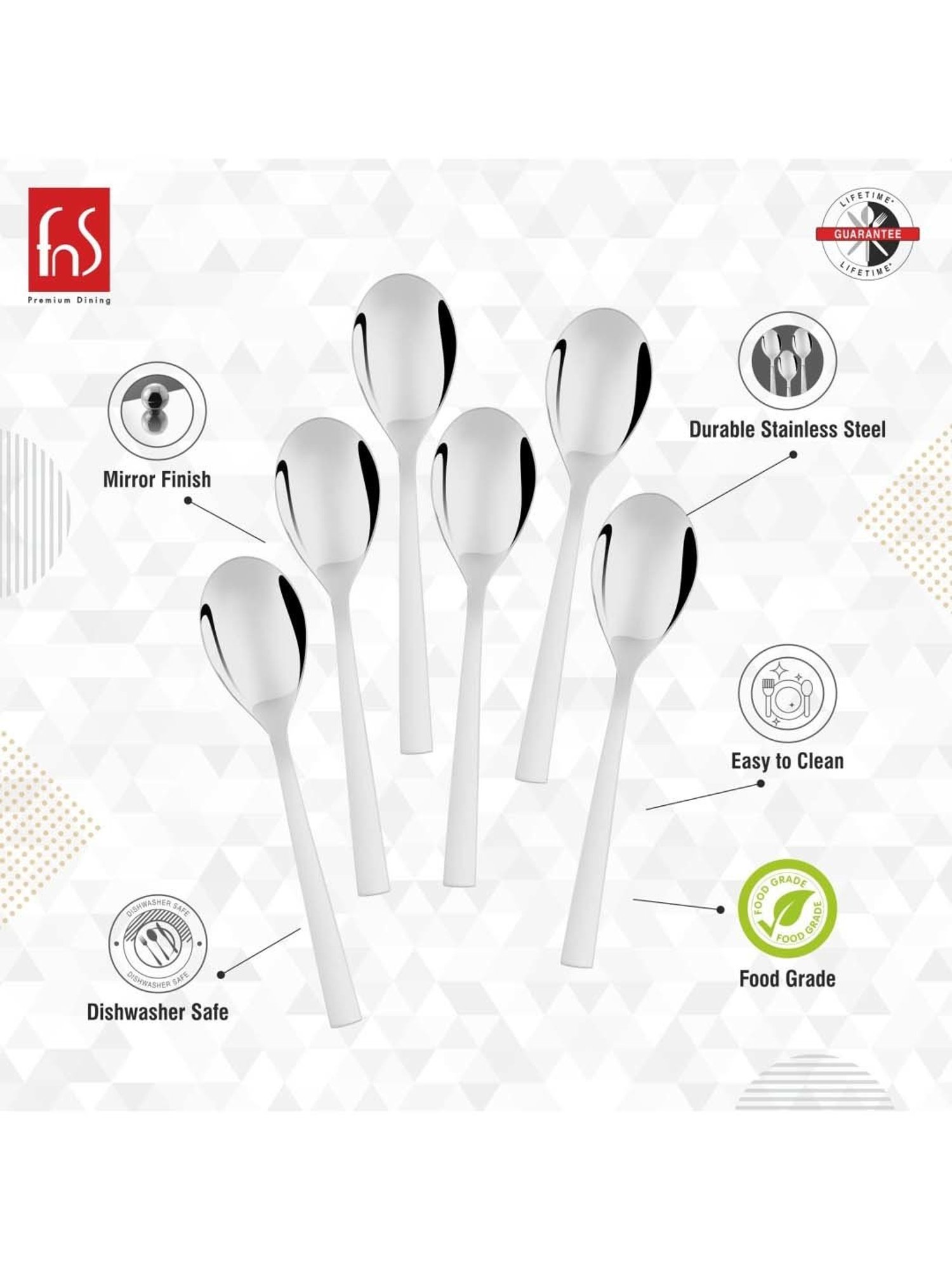 FnS Verona Silver Stainless Steel Dinner Spoons - Set of 6