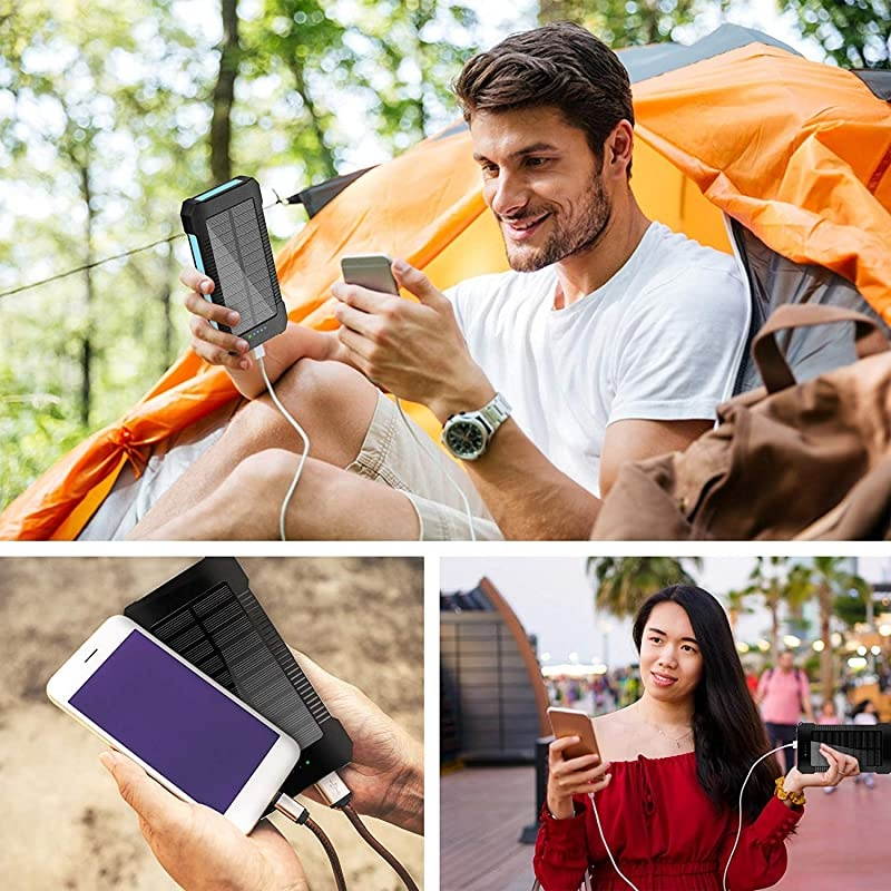 Solar Phone Charger 20000mAh Portable Power Bank Waterproof Battery Packs with Dual Ports Compass Flashlight for Camping Solar Panel for SmartphonesGoPro CameraGPS and Other Devices