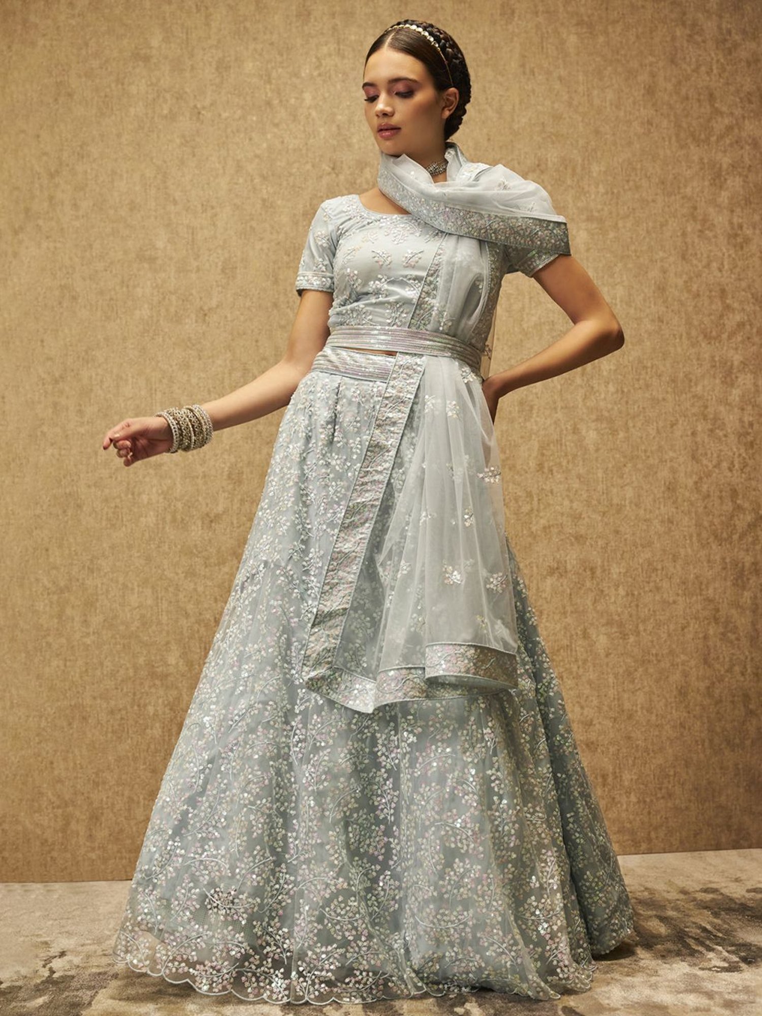 Soch Powder Blue Embellished Unstitched Lehenga Choli Set With Dupatta & Belt