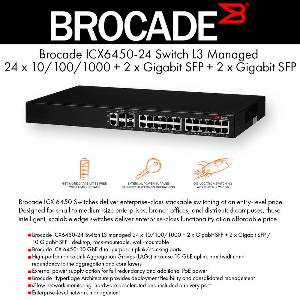Brocade Communications - ICX6450-24 - Ruckus ICX 6450-24 - Switch - L3 - managed - 24 x 10/100/1000 + 2 x Gigabit SFP + 2 x Gigabit SFP / 10 Gigabit SFP+ - desktop, rack-mountable, wall-mountable