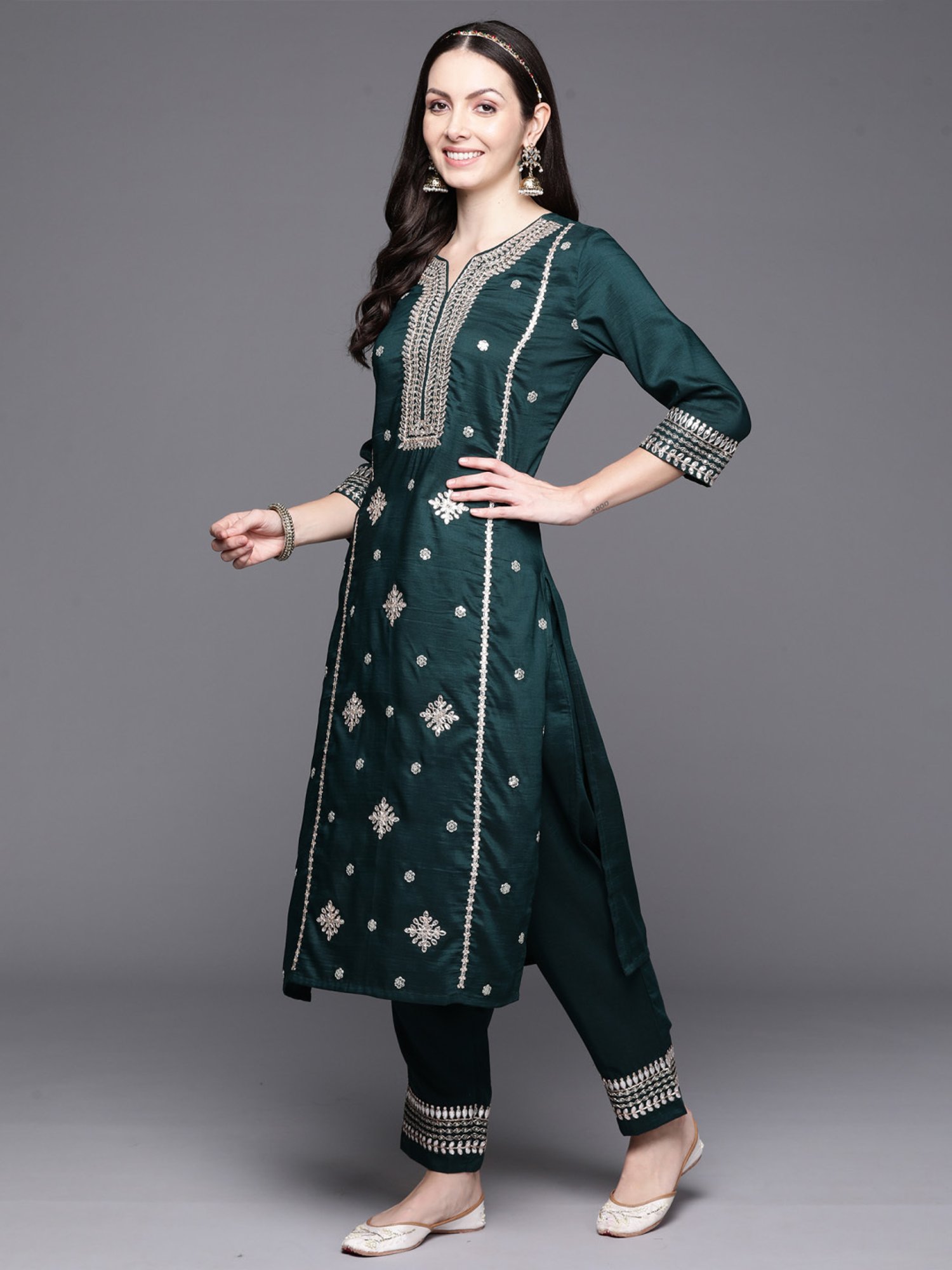 Indo Era Green Embroidered Kurta Pant Set With Dupatta