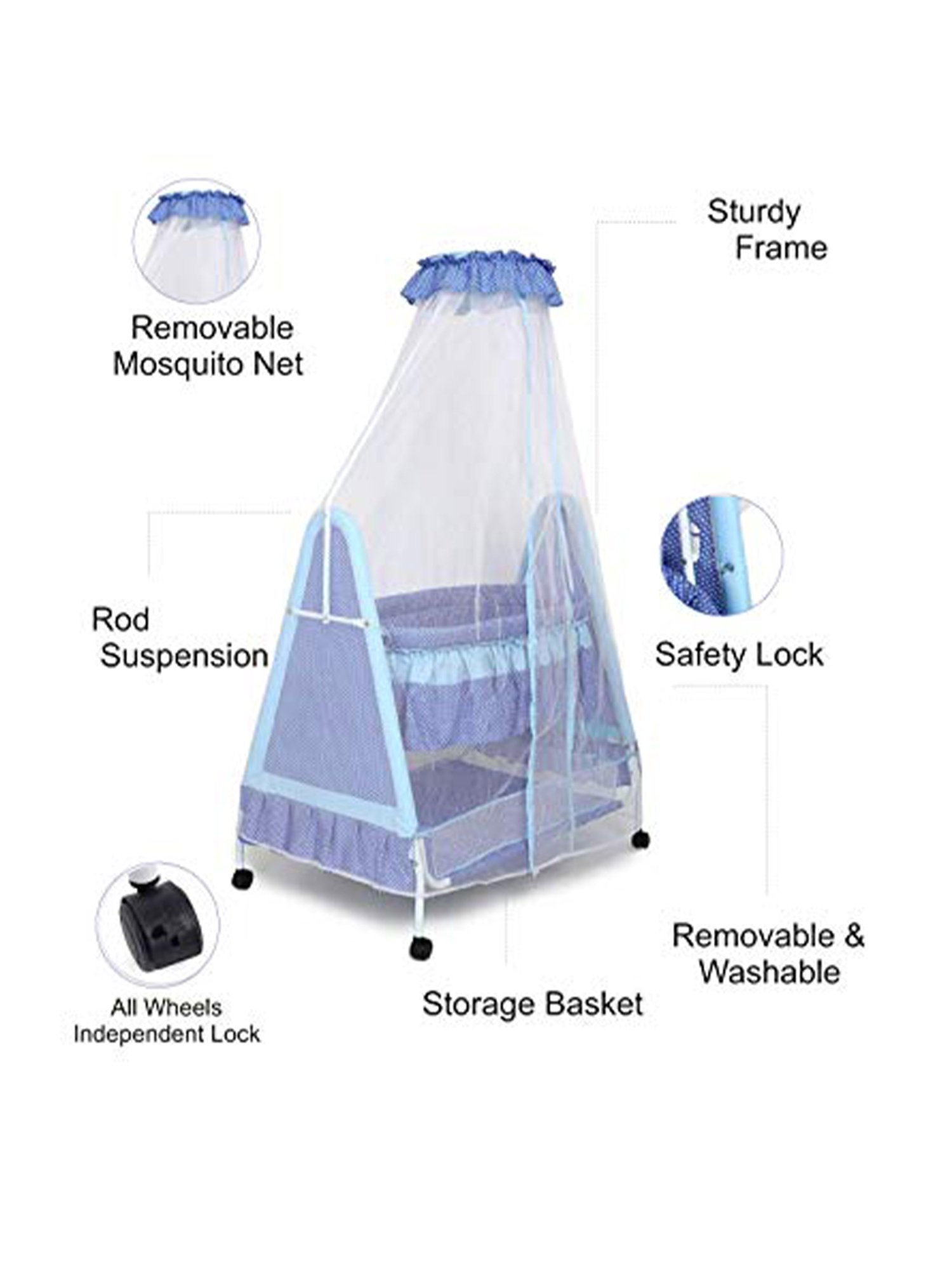 Kiddery Blue Baby Cradle with Mosquito Protection Net (Age 0-8 Months)