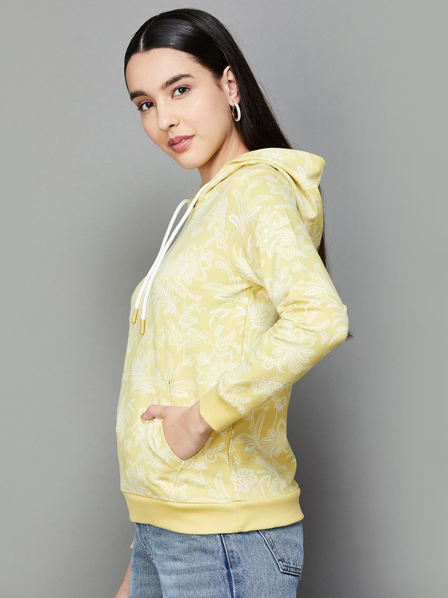 Colour Me by Melange Yellow Cotton Floral Print Hoodie