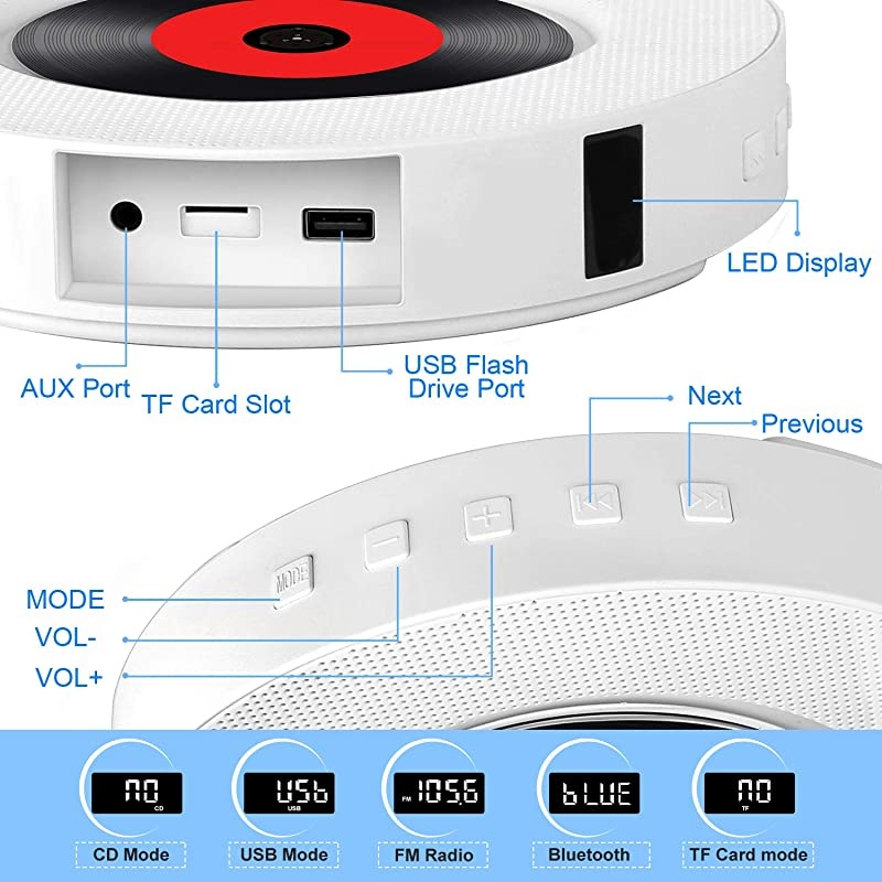 CD Player with Bluetooth, Wall Mountable CD Music Player Home Audio Boombox with Remote Control FM Radio Built-in HiFi Speakers, MP3 Headphone Jack AUX Input Output with Pull Switch