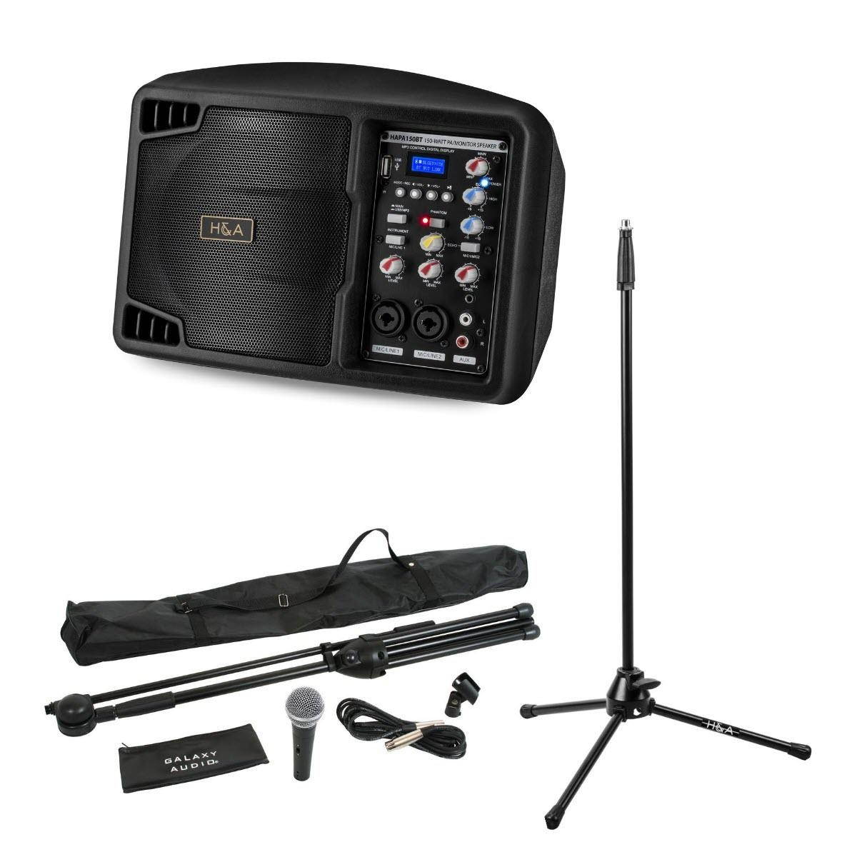 H&A 5" 150W Portable PA System with Bluetooth + Microphone and Stand Kit
