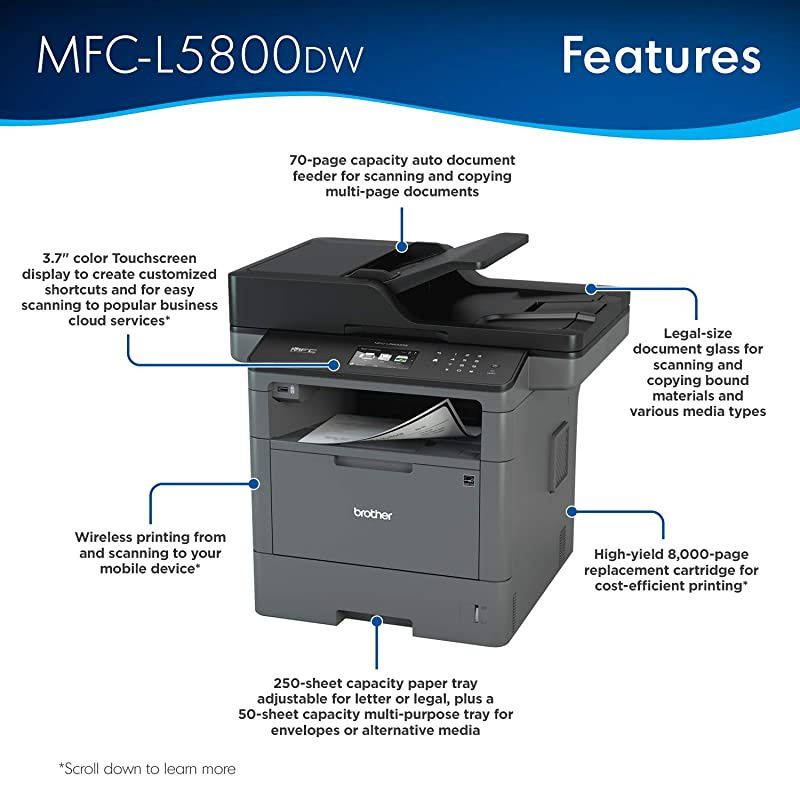 Monochrome Laser Printer Multifunction Printer AllinOne Printer MFCL5800DW Wireless Networking Mobile Printing Scanning Duplex Printing  Dash Replenishment Ready