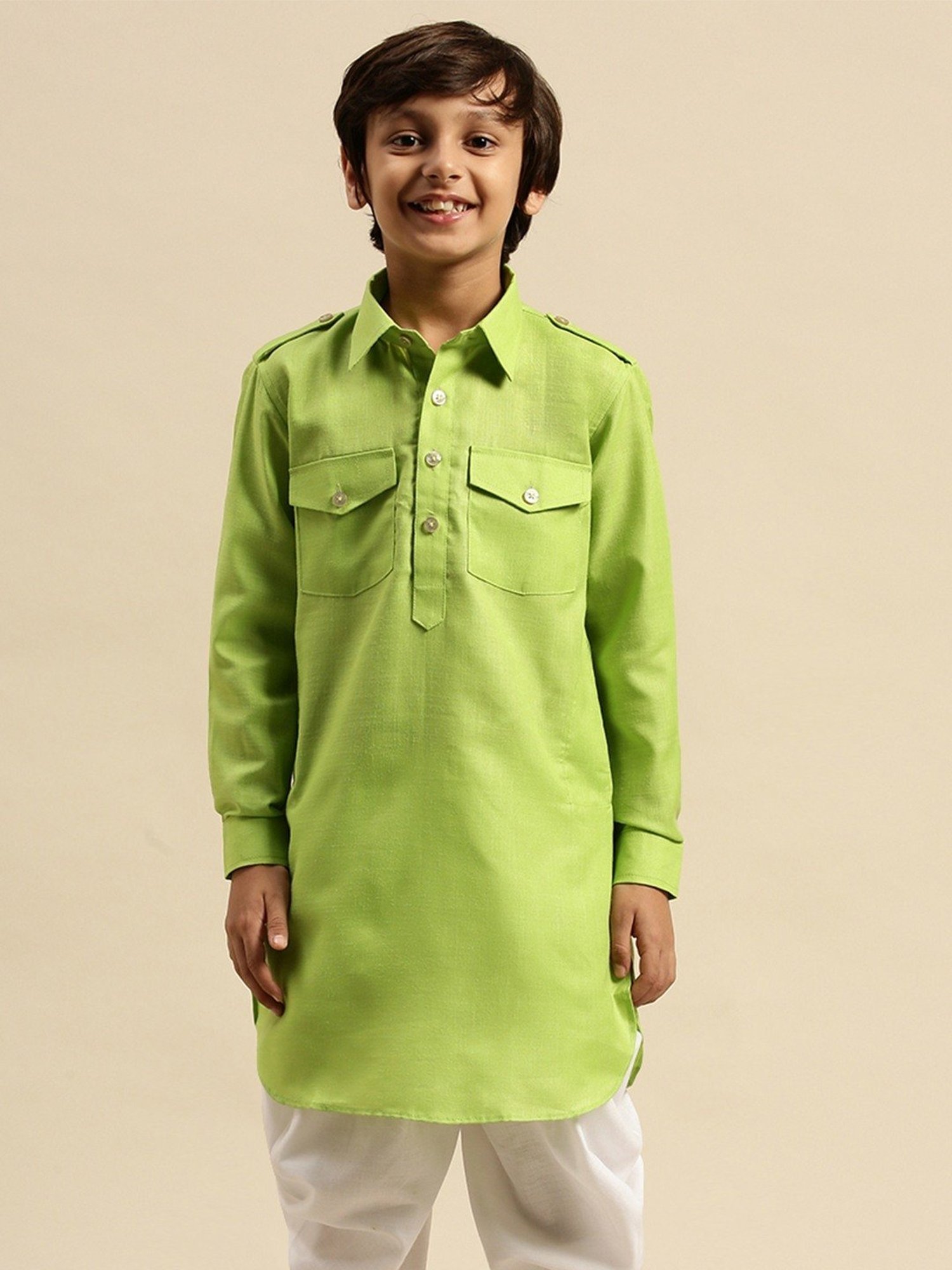 Sanwara Kids Light Green Solid Pathani Kurta