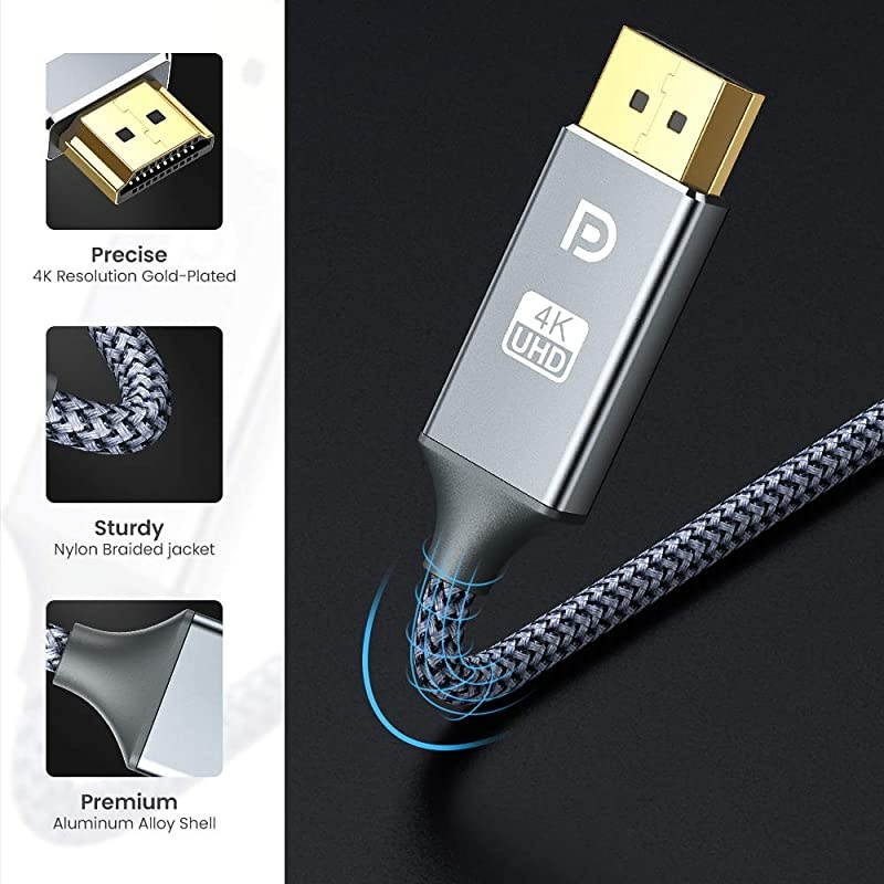 DisplayPort to HDMI Cable 10Ft 4K UHD Nylon Braided GoldPlated DPtoHDMI Unidirectional Cord DP to HDMI Male Chords Display Port to HDTV Monitor Video Cable DP Ports to HDMI Ports Connector