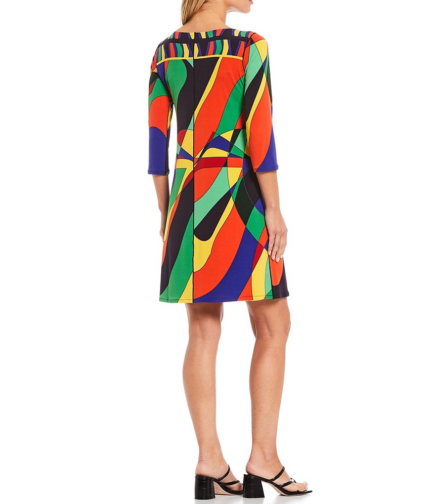 Eva Varro Abstract Geo Print Knit Jersey 3/4 Sleeve Shift Dress