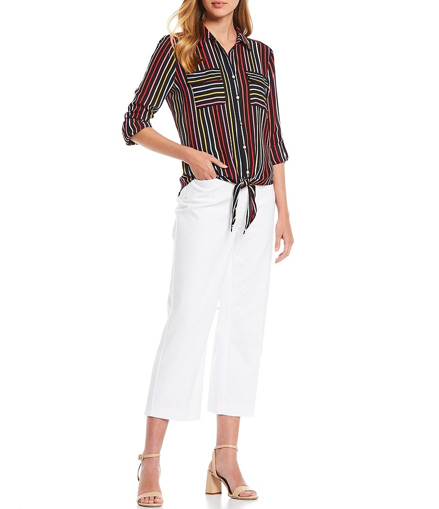 Investments Long Sleeve Point Collar Neck Tie-Front Black Spring Stripe Top