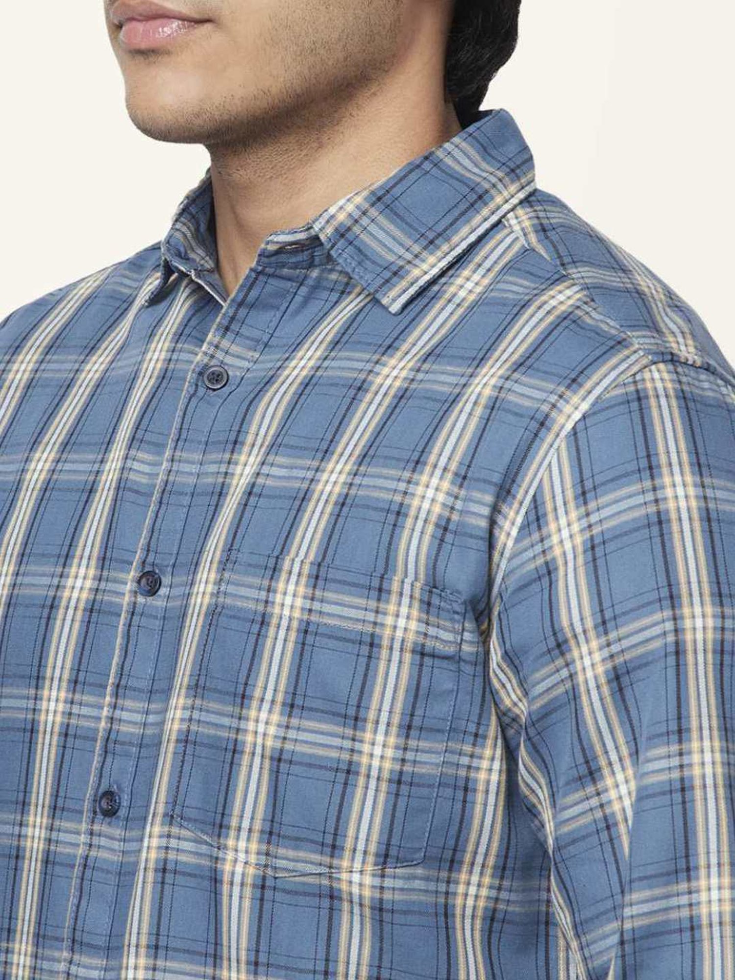 Spykar Blue Cotton Slim Fit Checks Shirt