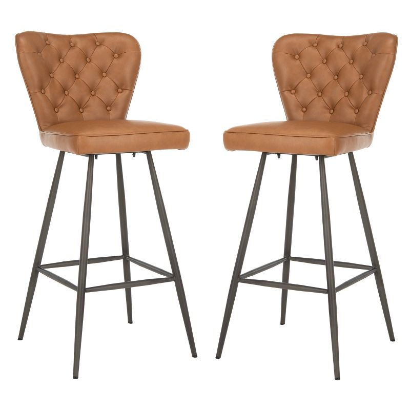 Set of 2 30" Aster Mid-Century Modern Leather Tufted Barstools Orange - Safavieh