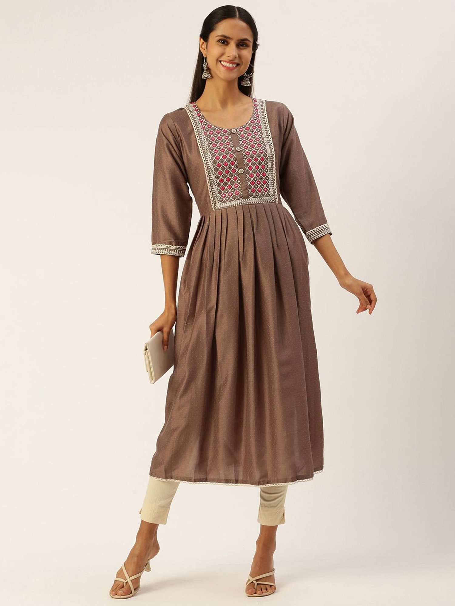 SHANVIKA Brown Embroidered Cotton Silk Straight Kurta