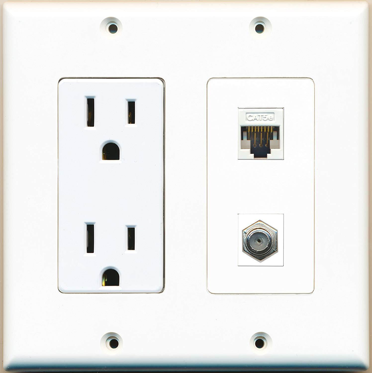 RiteAV - 2 x 15 Amp 125V Power Outlets 1 Cat5e Ethernet and 1 Coax Wall Plate