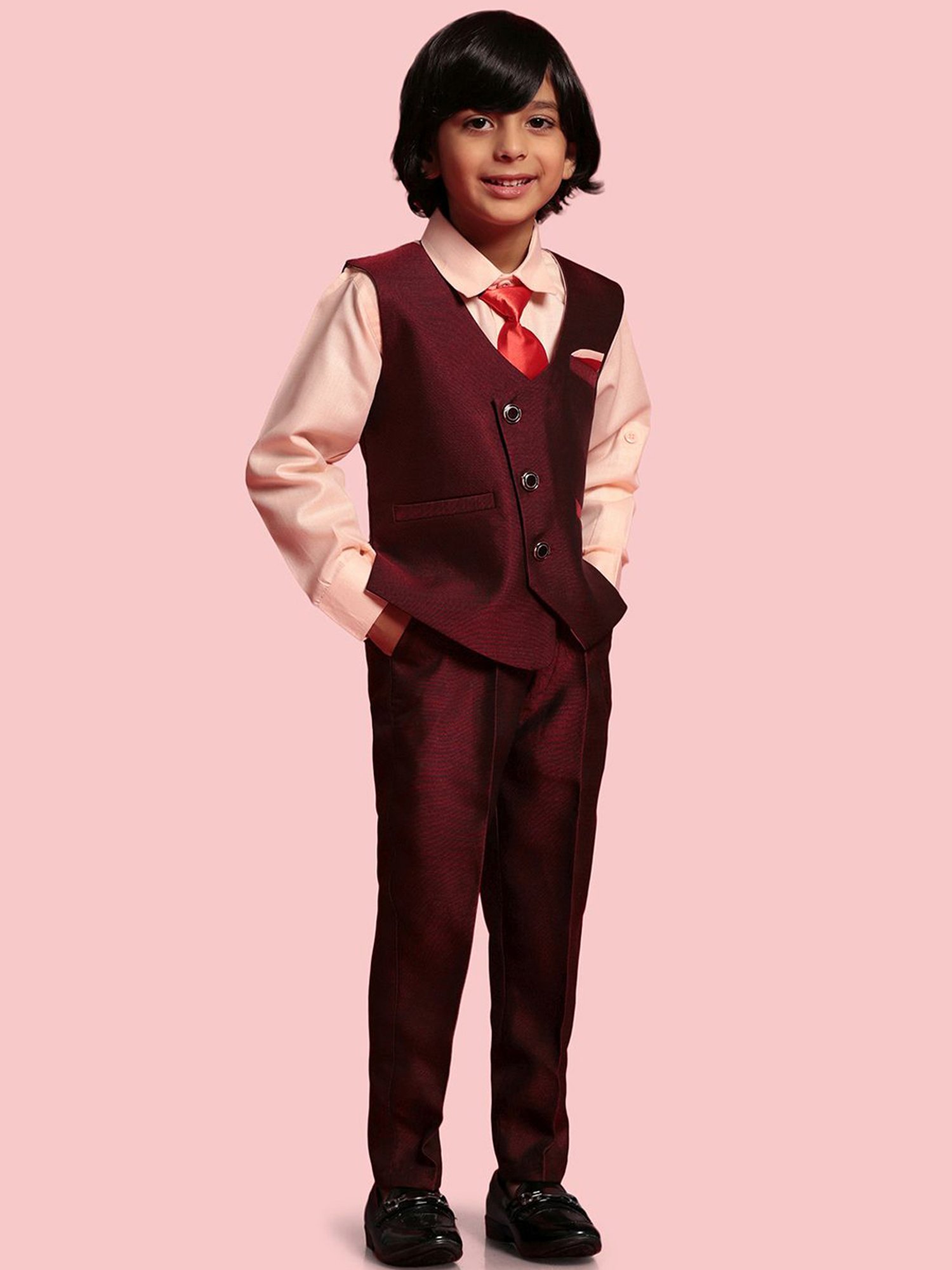 AJ Dezines Kids Maroon & Pink Regular Fit Full Sleeves Shirt Set