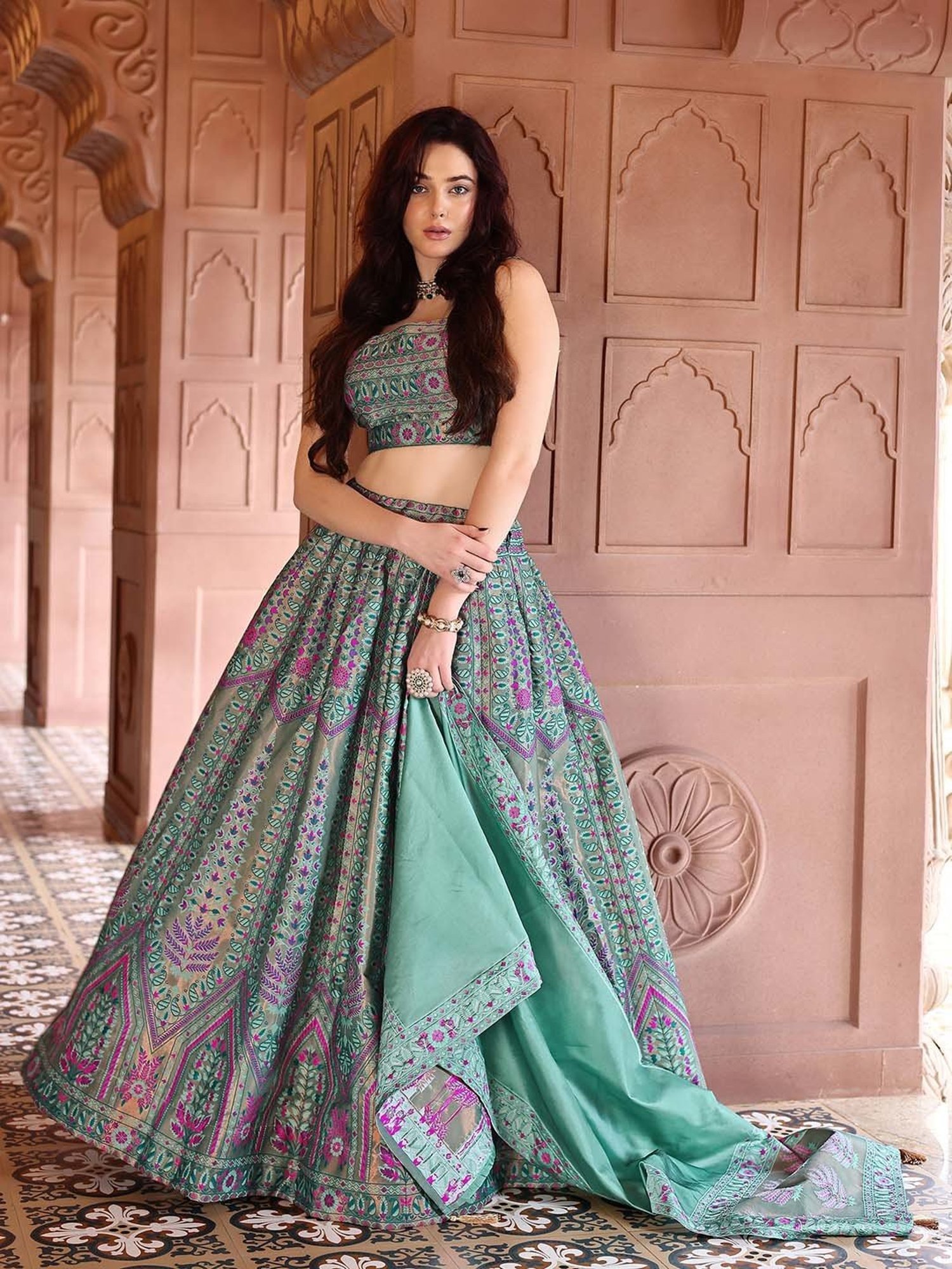 PURVAJA Sea Green Woven Lehenga Choli Set With Dupatta
